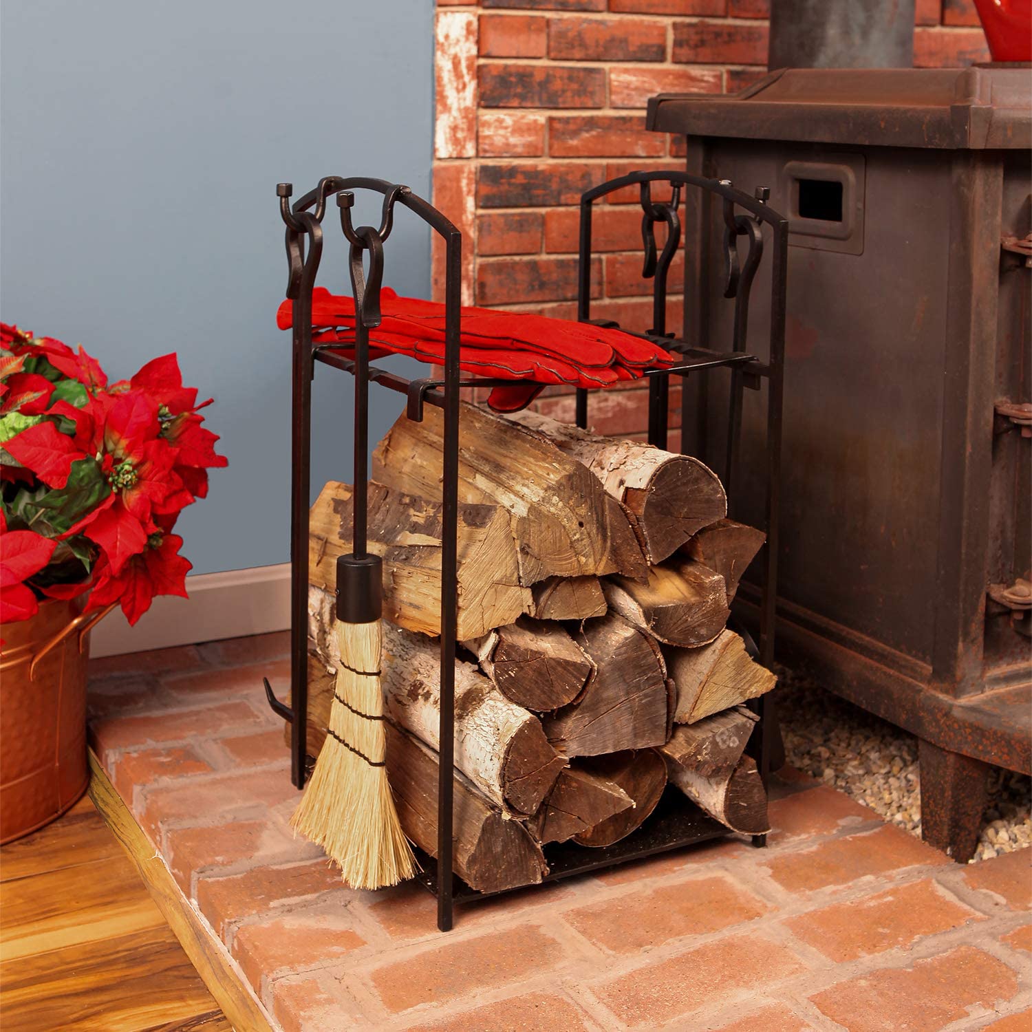 Minuteman International Mission I Wood Firewood Log Holder with Fireplace Tools, 26&#34; H, Black