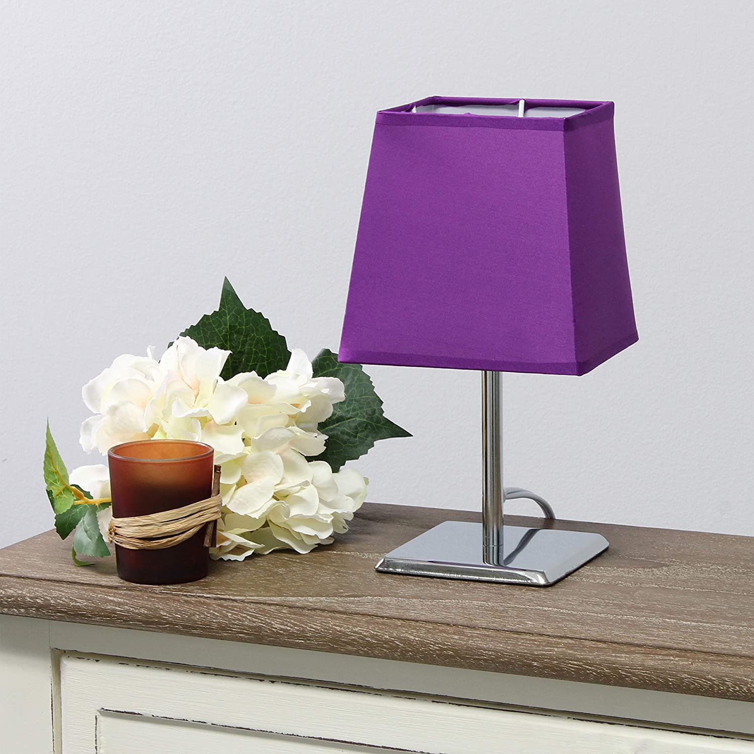 Simple Designs LT2062-WHT Mini Chrome Squared Empire Fabric Shade Table Lamp, White