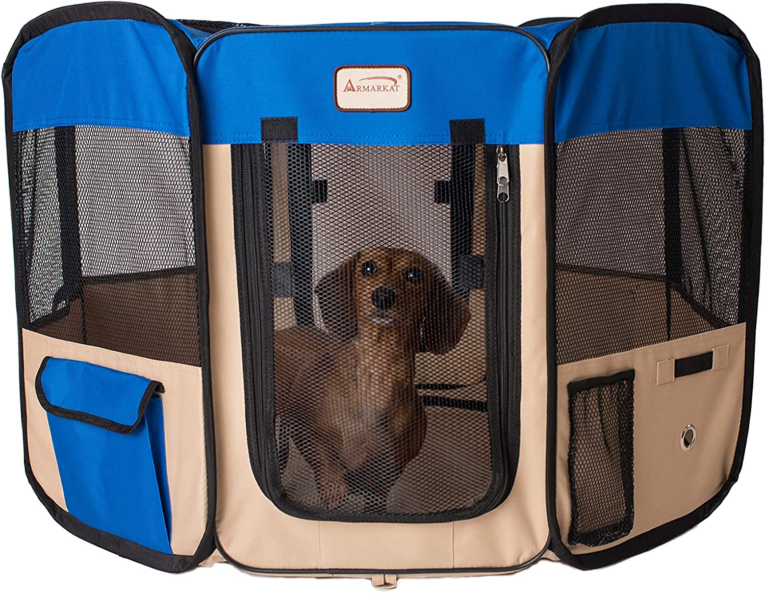 Armarkat Model PP001B Portable Pet Playpen in Blue and Beige Combo