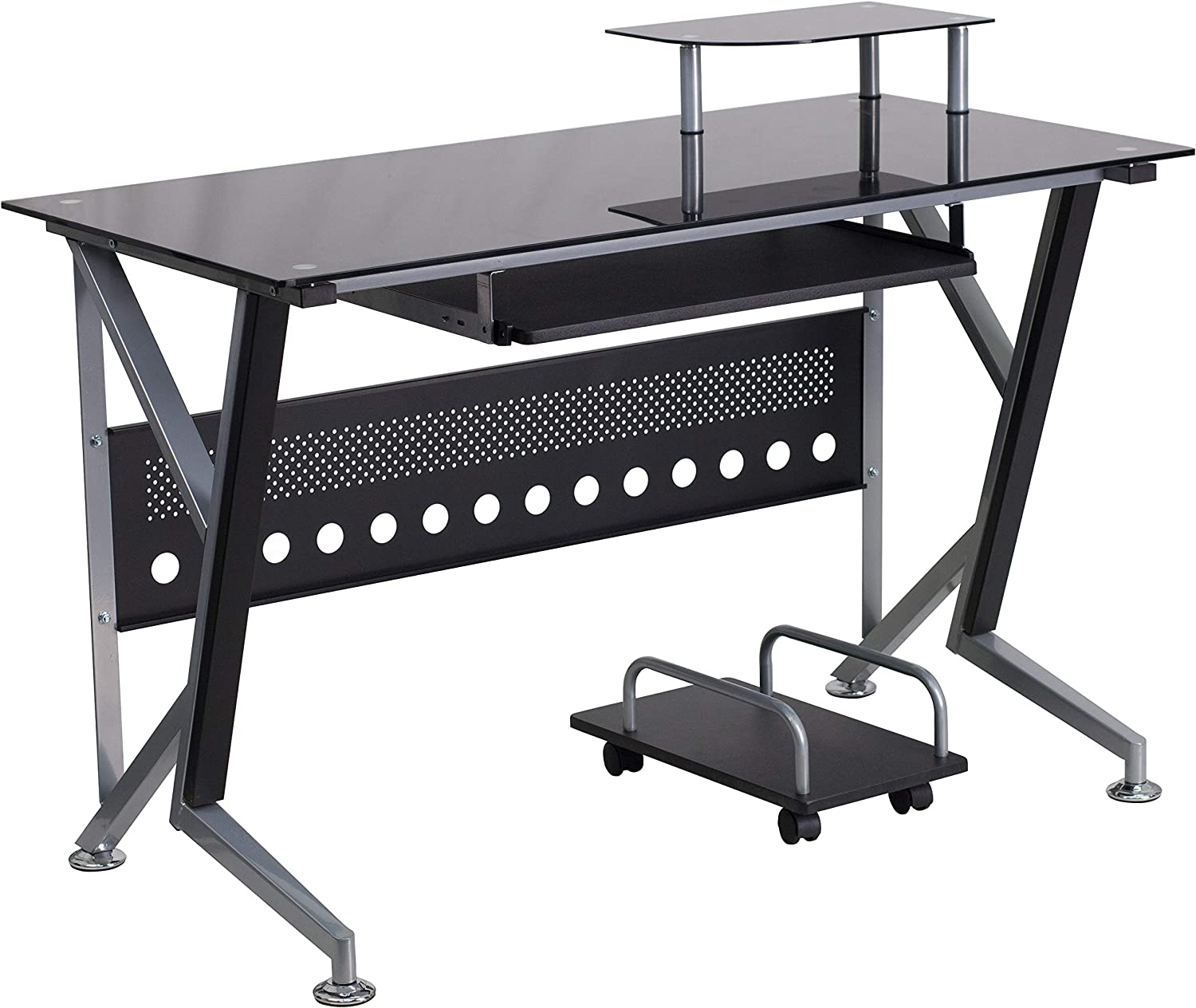 Flash Furniture Black Glass Computer Desk with Pull-Out Keyboard Tray and CPU Cart