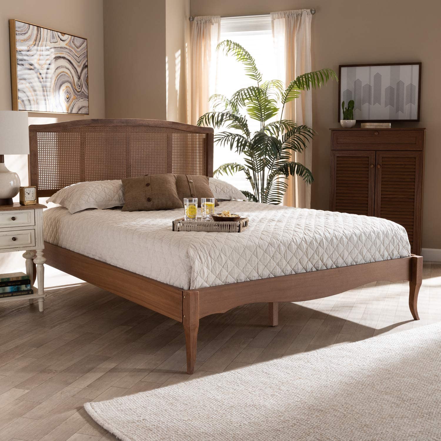 Baxton Studio Marieke Vintage French Inspired Ash Wanut Finished Wood and Synthetic Rattan King Size Platform Bed