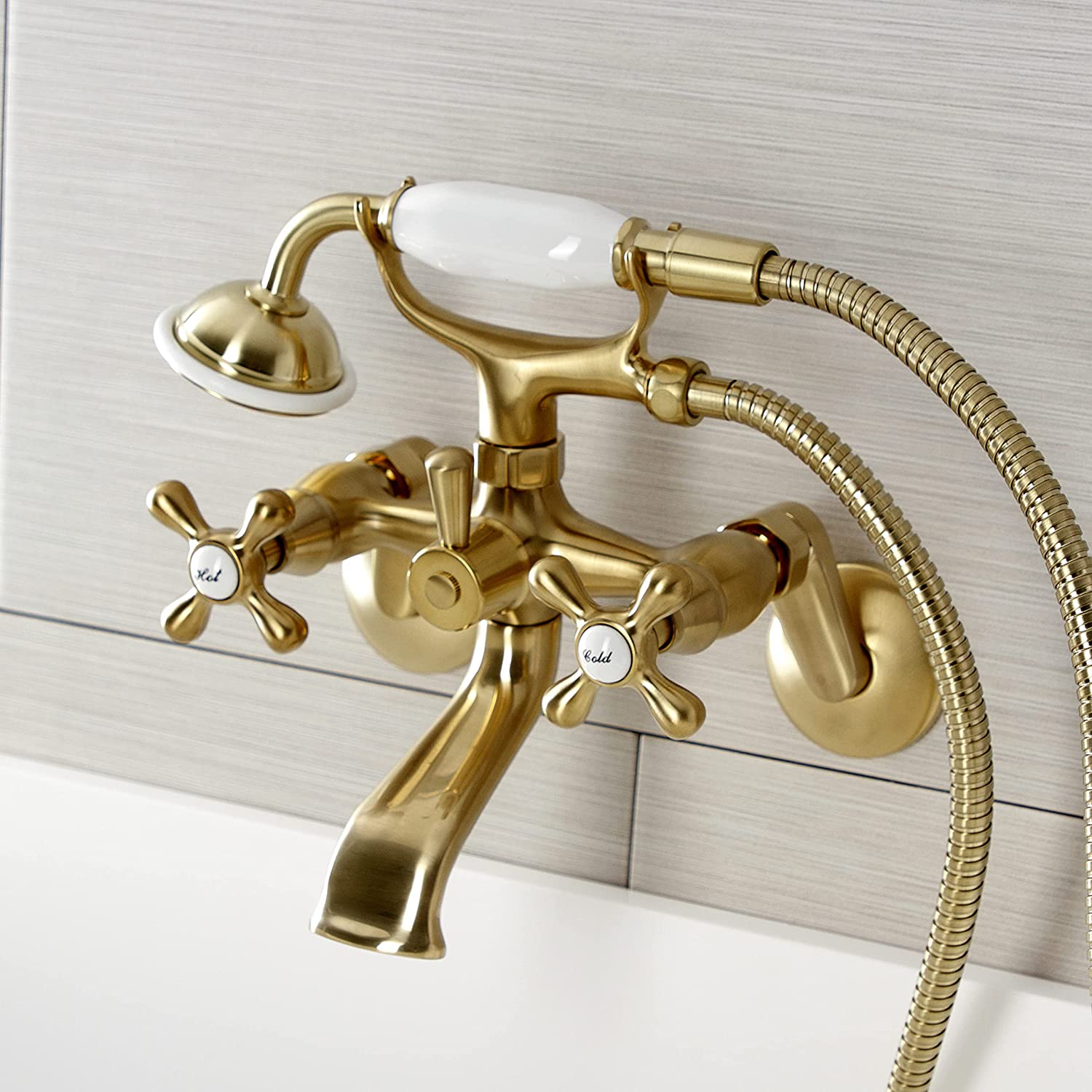 Kingston Brass KS266SB Vintage 6&#34; Adjustable Wall Mount Clawfoot Tub Faucet, Brushed Brass