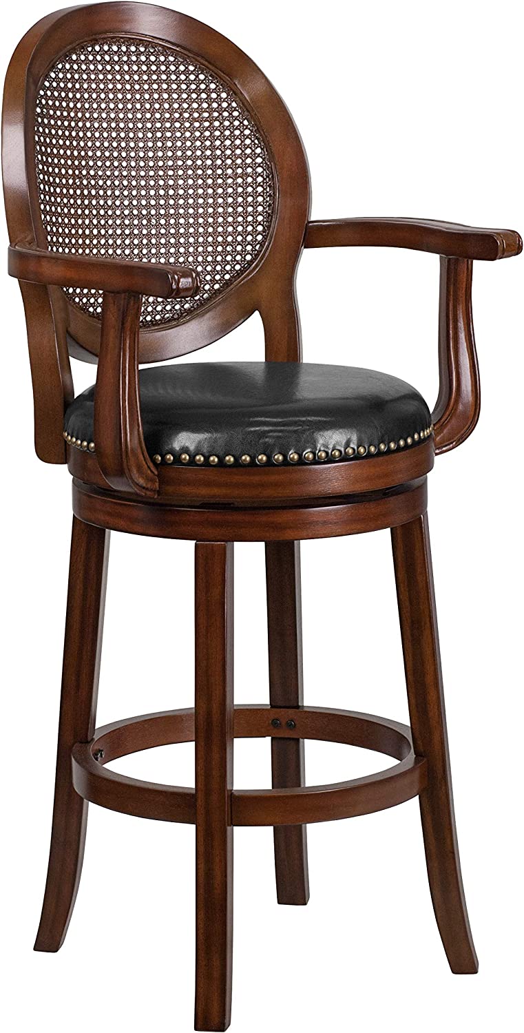 Flash Furniture 30&#39;&#39; High Expresso Wood Barstool with Arms, Woven Rattan Back and Black LeatherSoft Swivel Seat