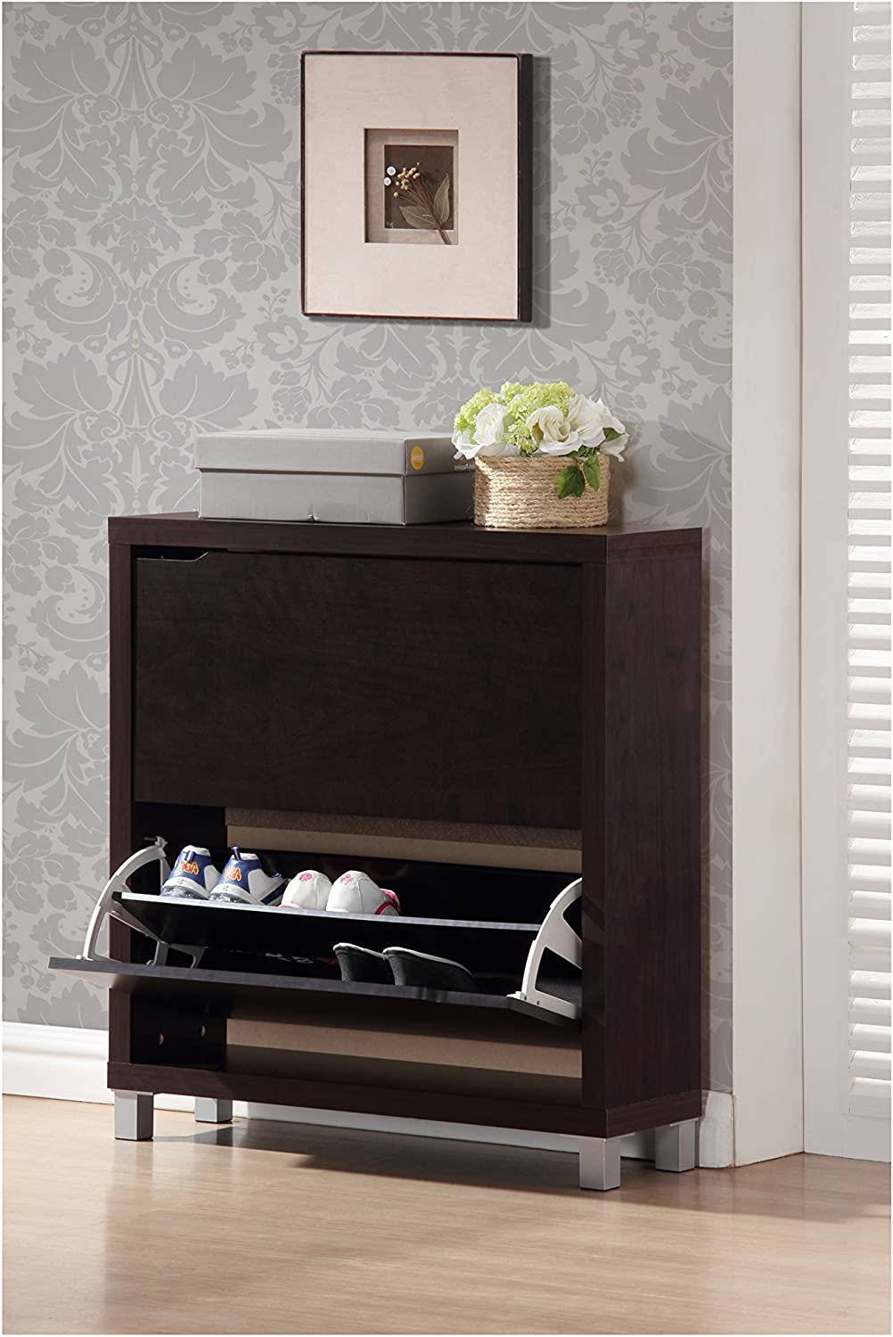 Simms 31&#34; Wide Two-Tier Dark Wood Modern Shoe Cabinet