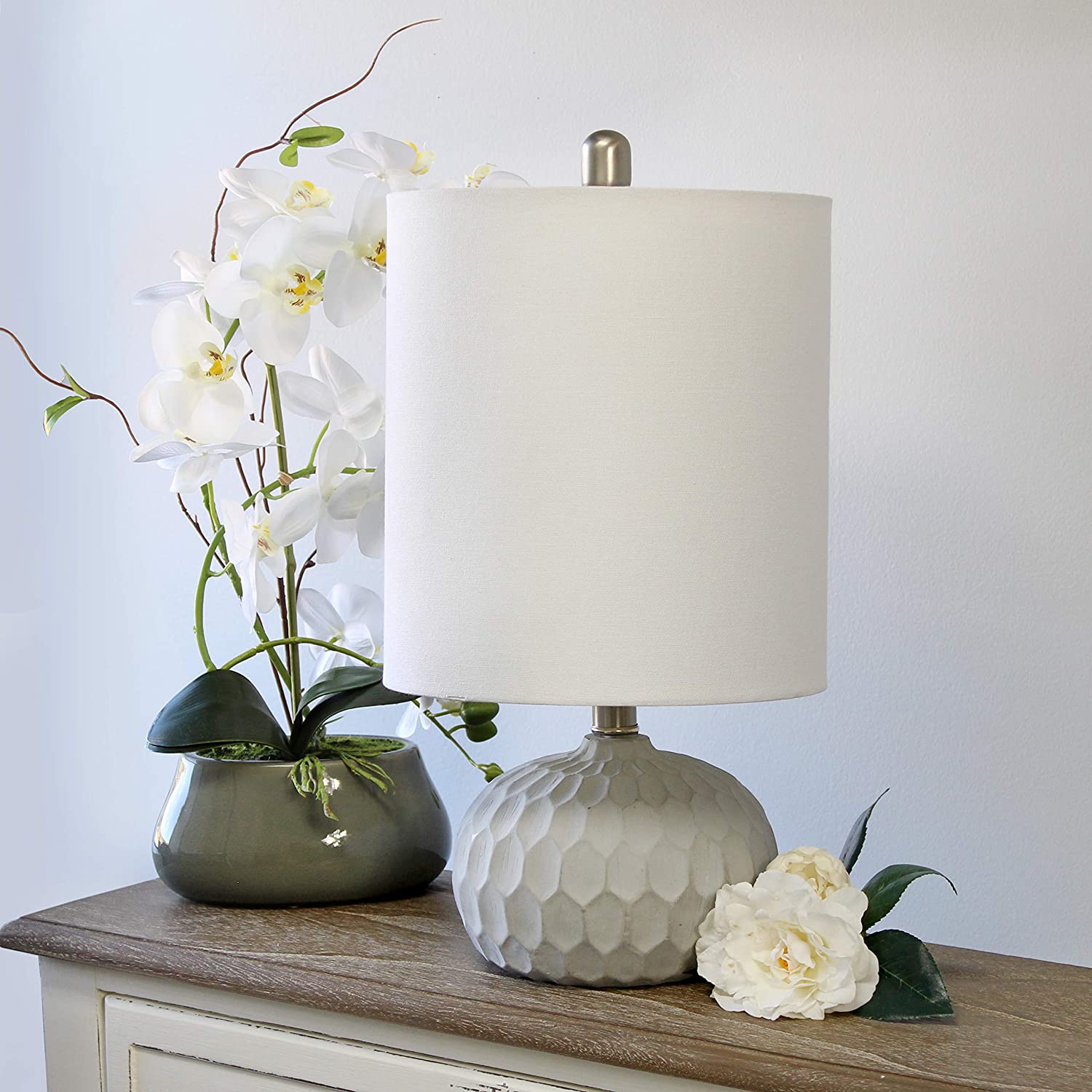 Elegant Designs LT3321-WHT Cement Base Long Drum Shade Table Lamp, White