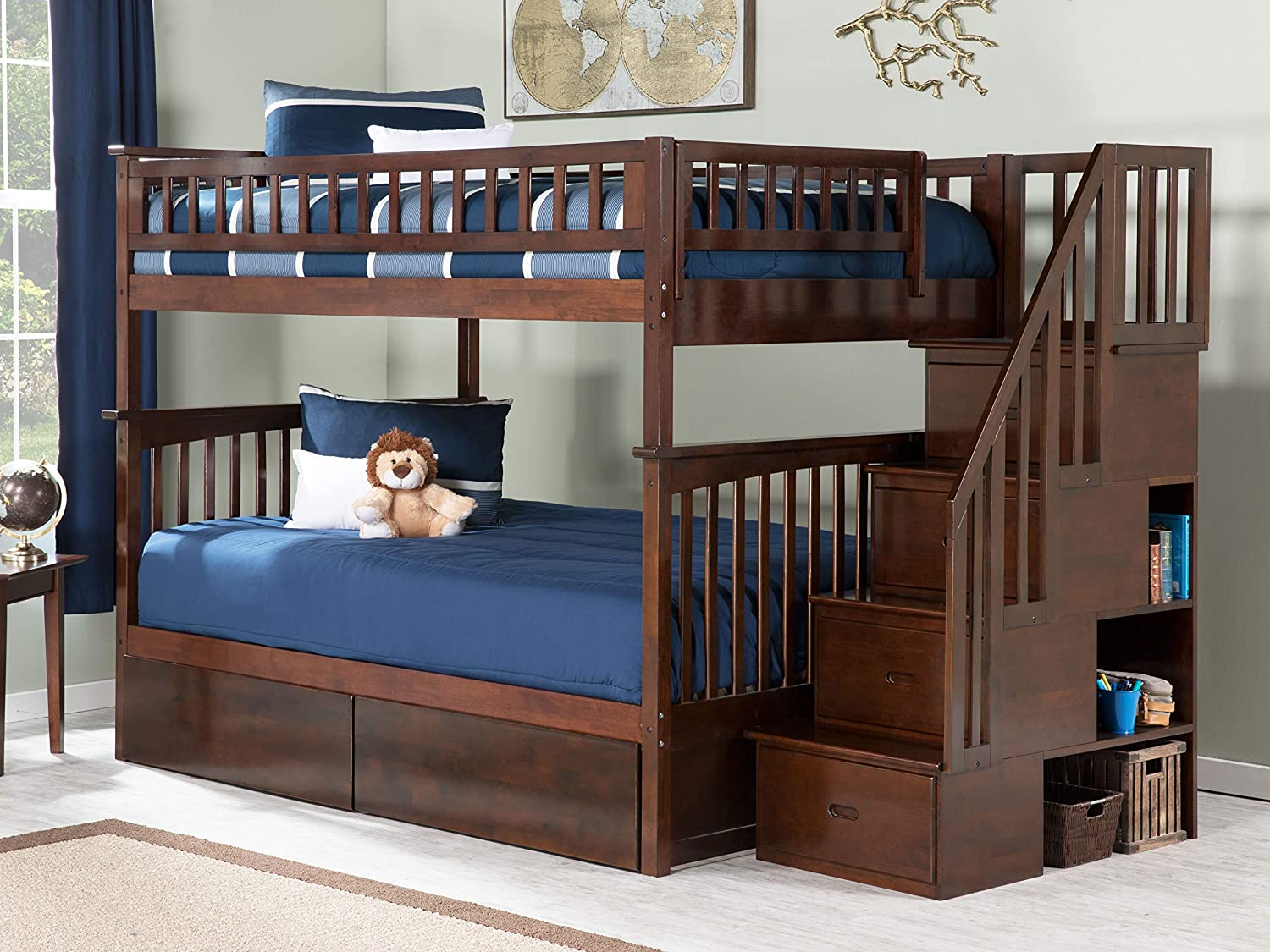 AFI Columbia Staircase Bunk with Turbo Charger and Urban Bed Drawers, Full/Full, Walnut