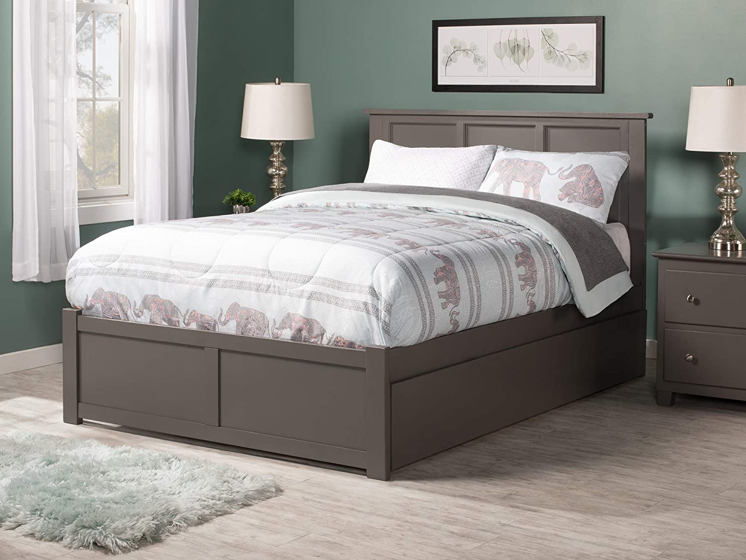 AFI Madison Platform Bed with Flat Panel Footboard and Turbo Charger with Twin Size Urban Trundle, Full, Grey