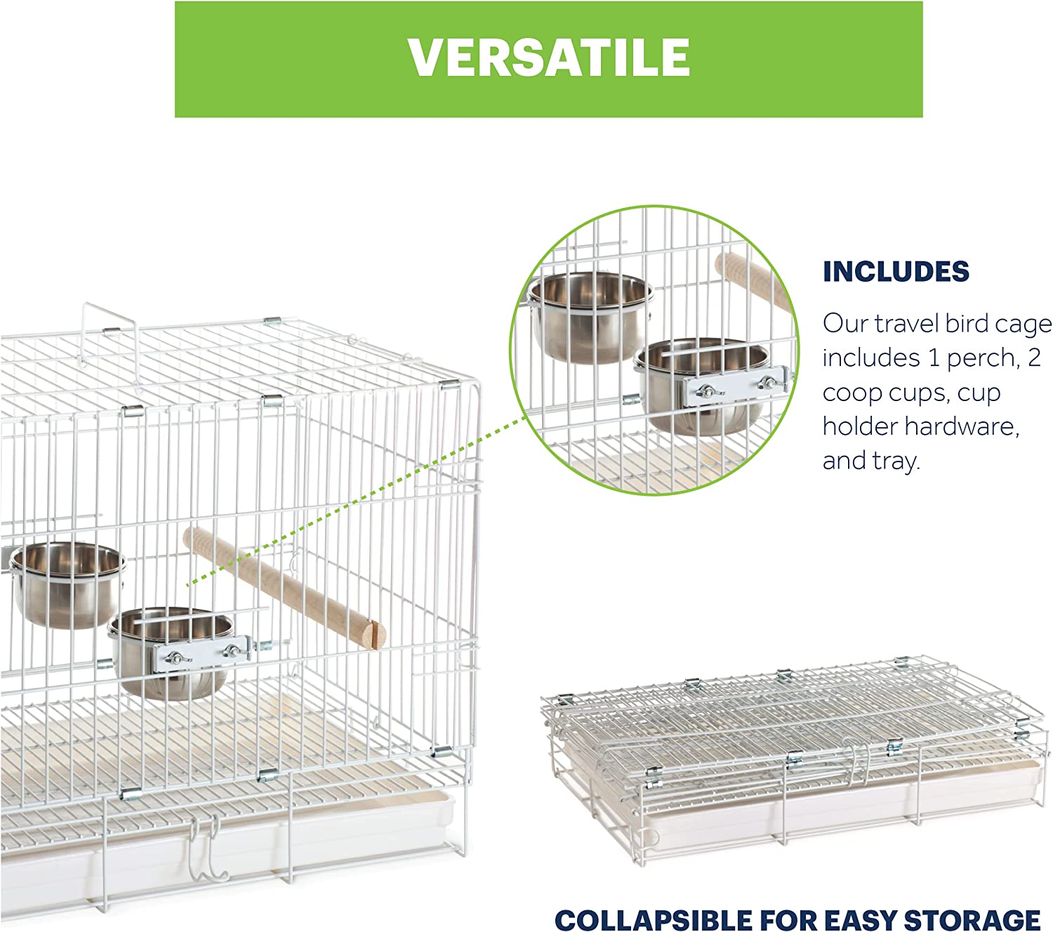 Prevue Pet Products Temporary Travel Bird Cage Short-Term Pet Carrier for Birds, Metal Stainless Steel Pet Crate with Handles, Foldable Portable Birdcage, White