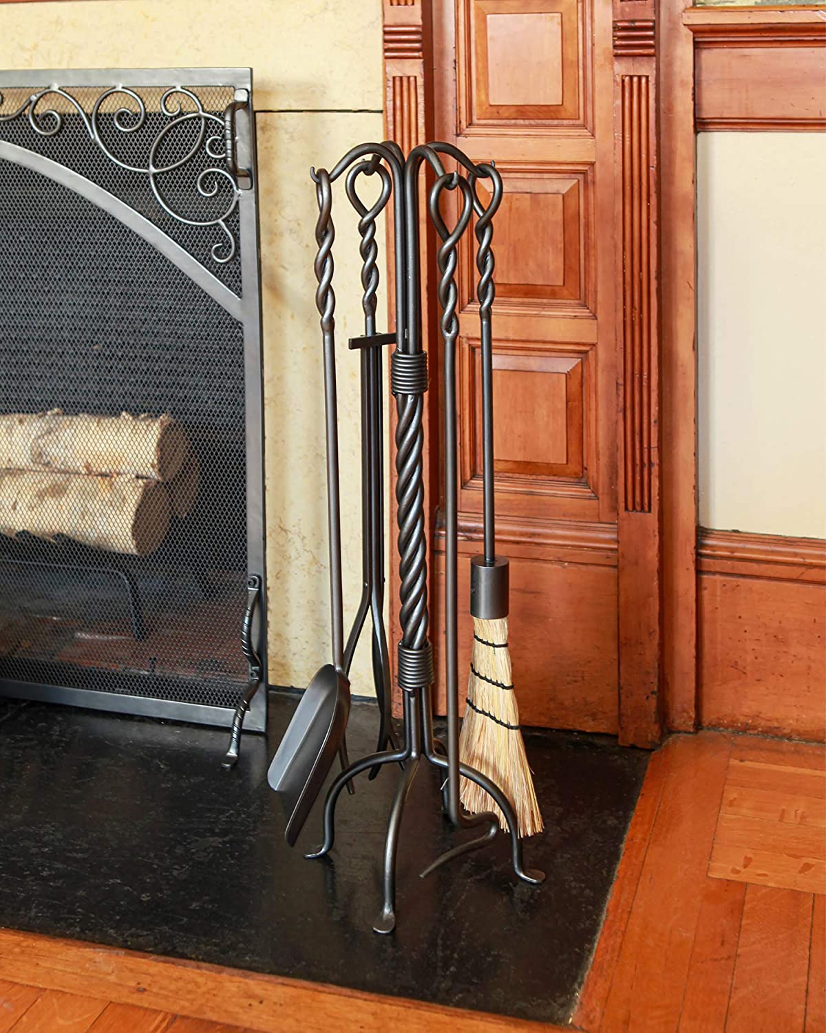 Minuteman International Twisted Rope 5-piece Wrought Iron Fireplace Tool Set, Roman Bronze