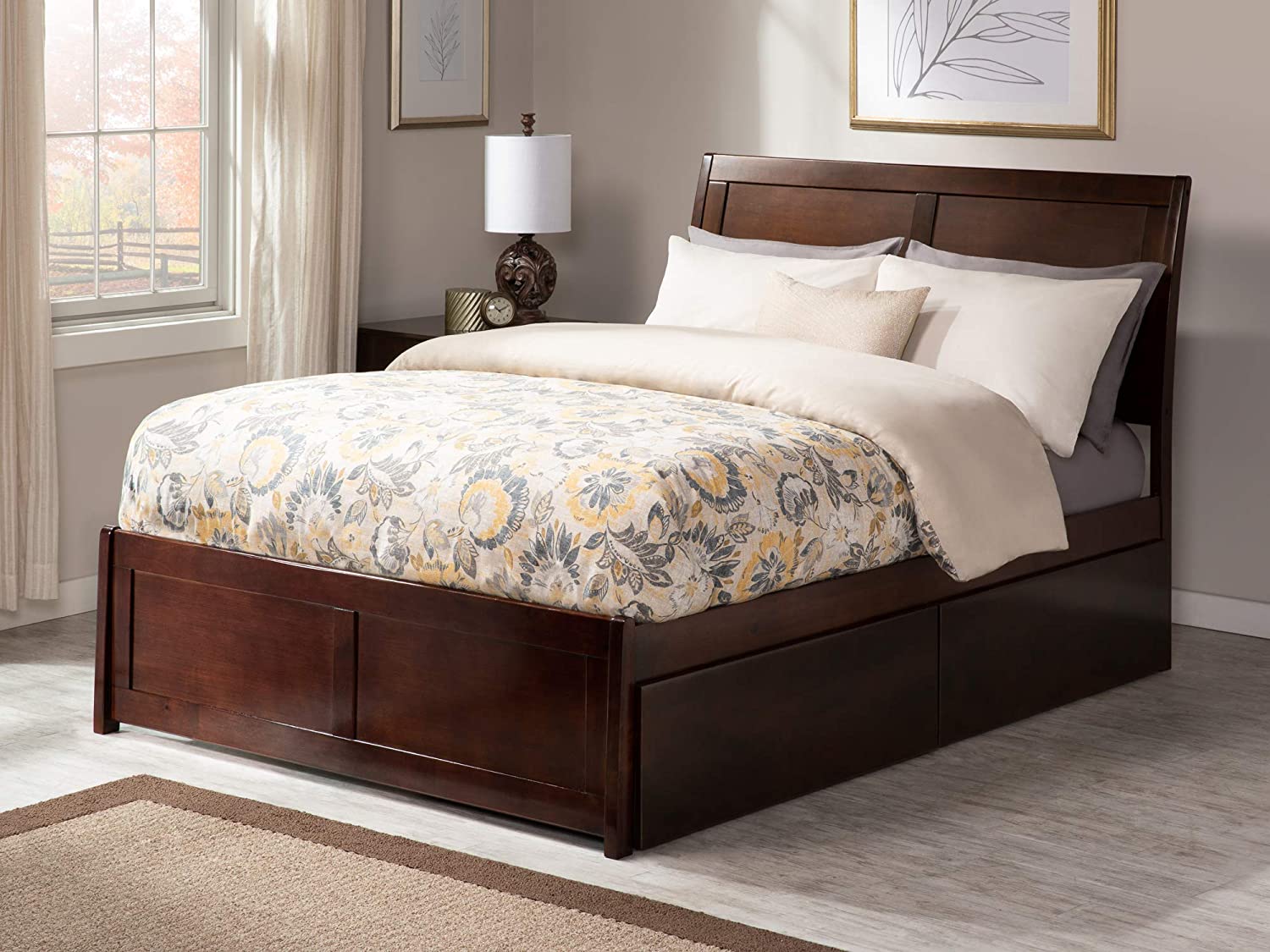 Portland Full Platform Bed with Matching Footboard and Turbo Charger with Urban Bed Drawers in Walnut