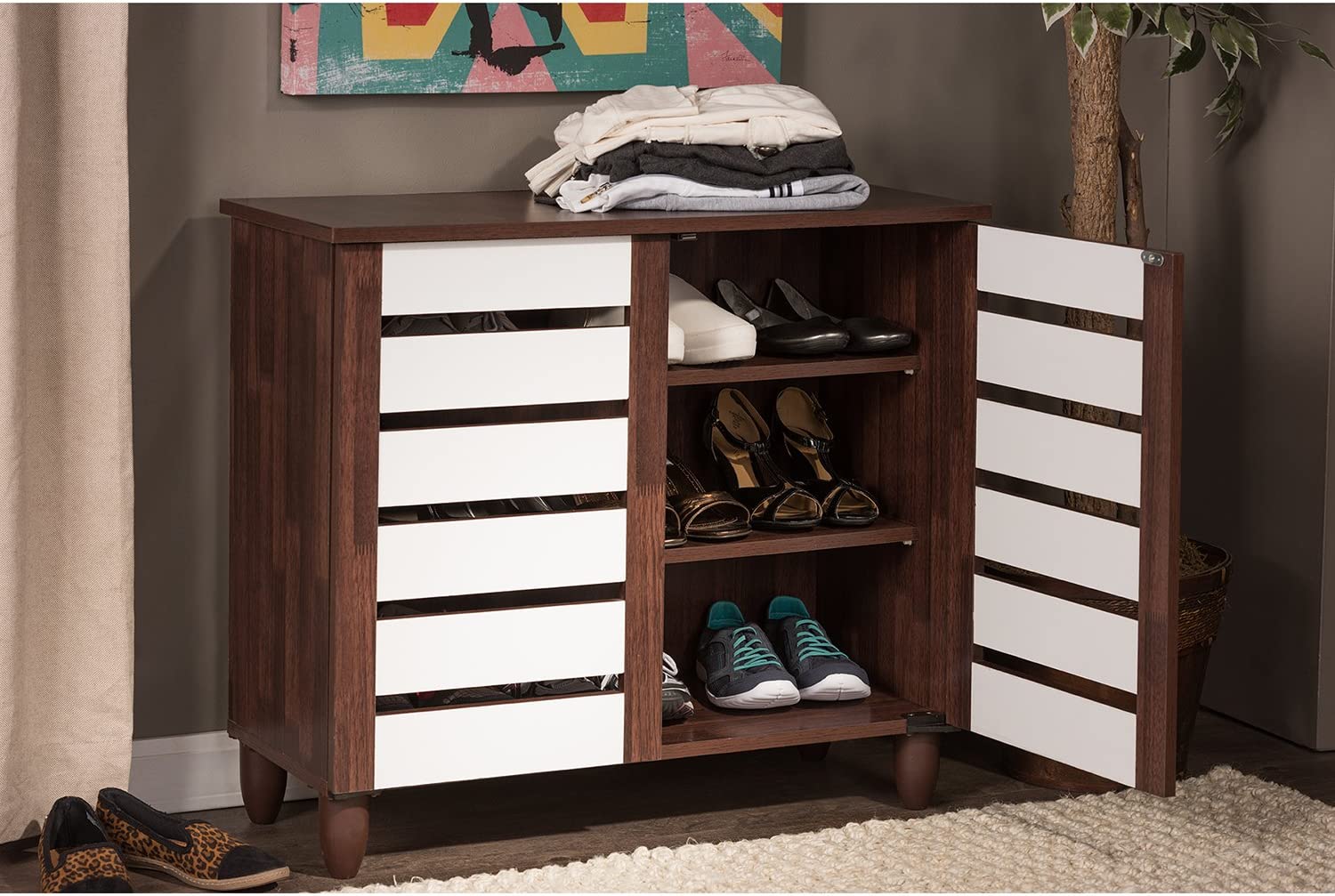 Baxton Studio Wholesale Interiors Gisela Oak and White 2-Tone Shoe Cabinet with 2 Doors