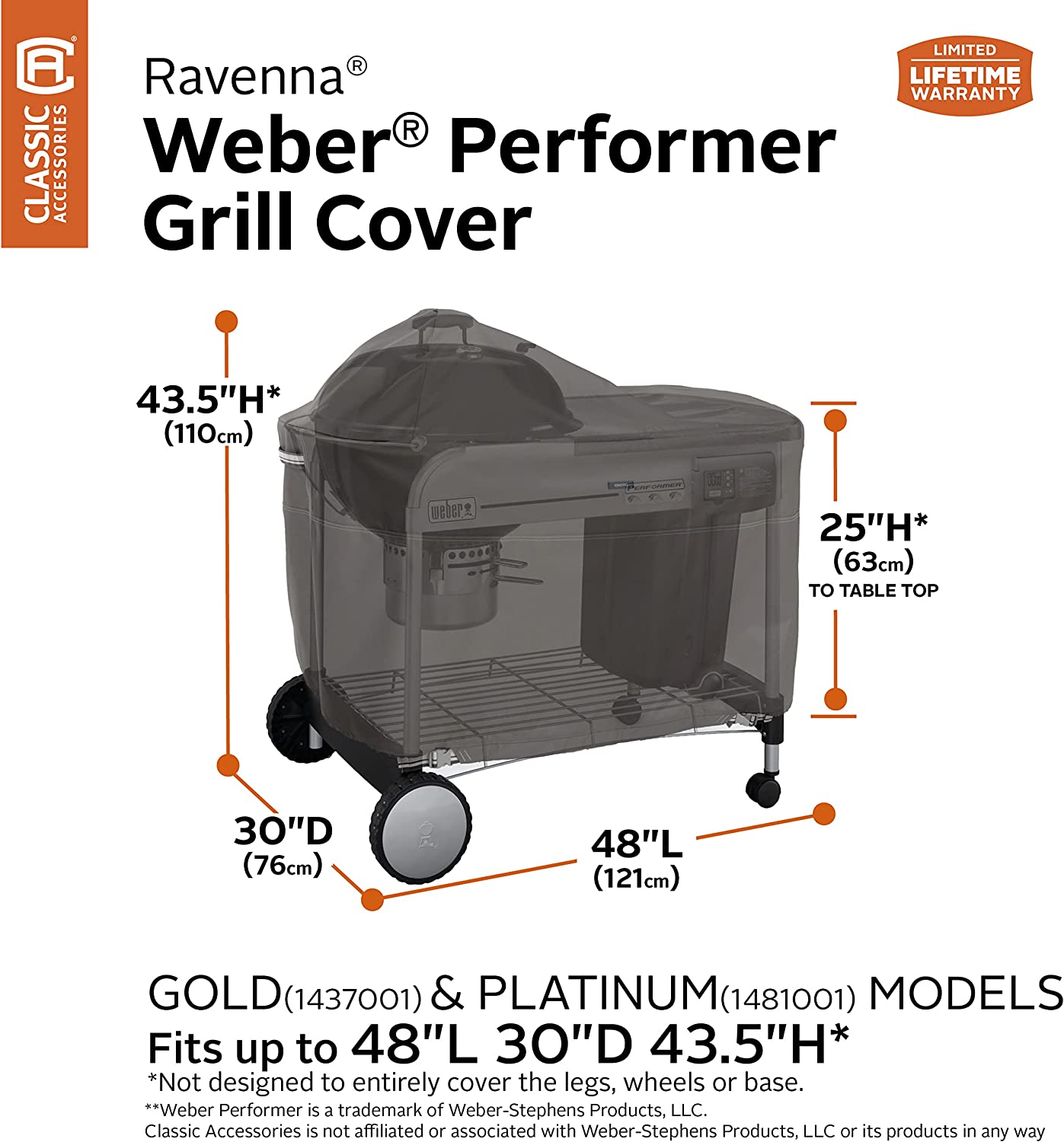 Classic Accessories Ravenna Water-Resistant 48 Inch BBQ Grill Cover for Weber Performer
