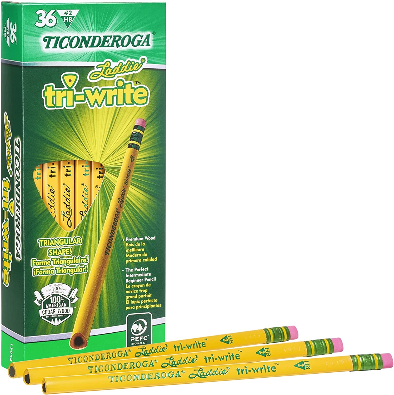 Ticonderoga Laddie Tri-Write Pencils, Wood-Cased #2 HB Soft, Intermediate Size Triangular without Eraser, Yellow, 36-Pack (13044)