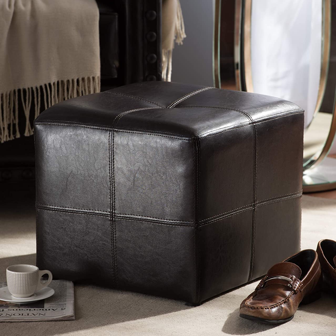 Baxton Studio Nox Brown Leather Ottoman , Dark Brown , SMALL -