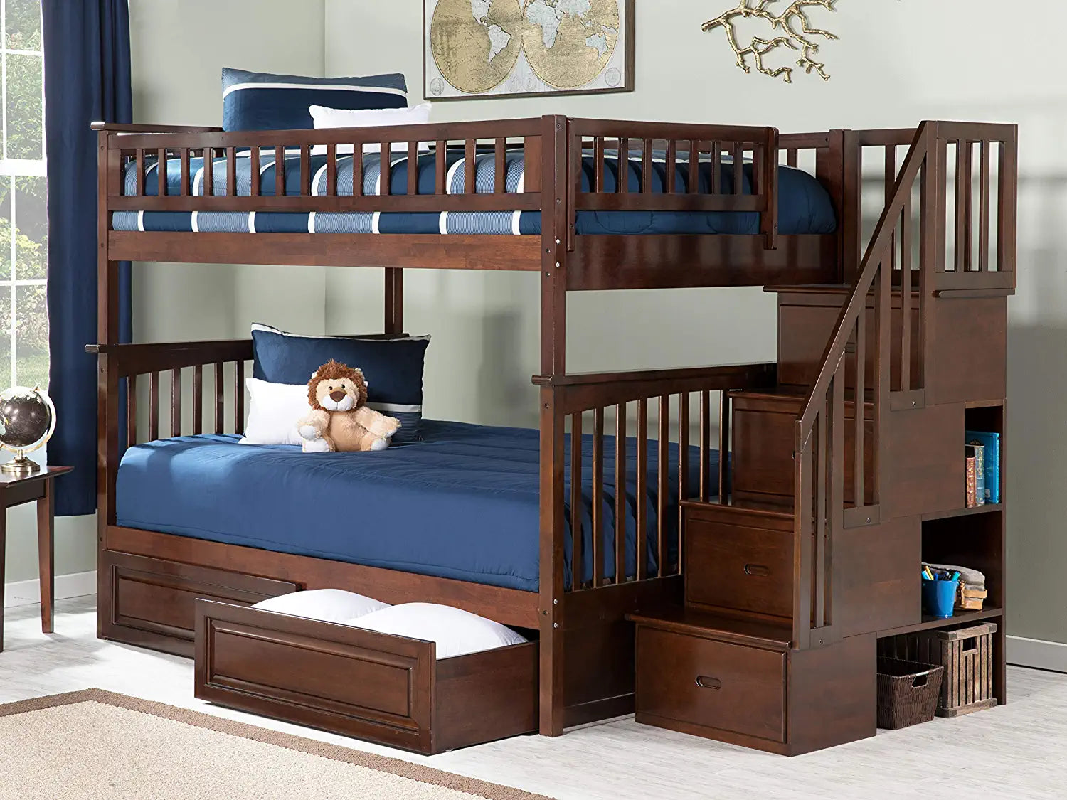 AFI Columbia Staircase Bunk with Turbo Charger and Raised Panel Bed Drawers, Full over Full, Walnut