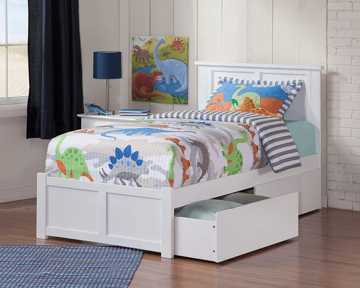 Atlantic Furniture Madison Platform Flat Panel Footboard and Turbo Charger with Urban Bed Drawers, Twin XL, White