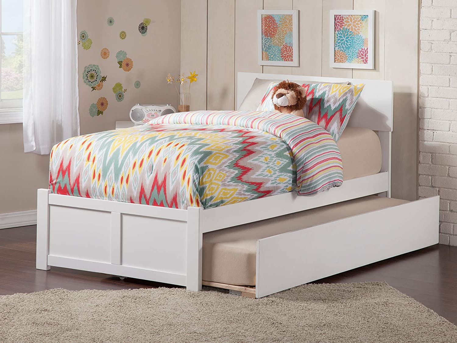 AFI Orlando Platform Bed with Footboard and Turbo Charger with Twin Extra Long Trundle, White