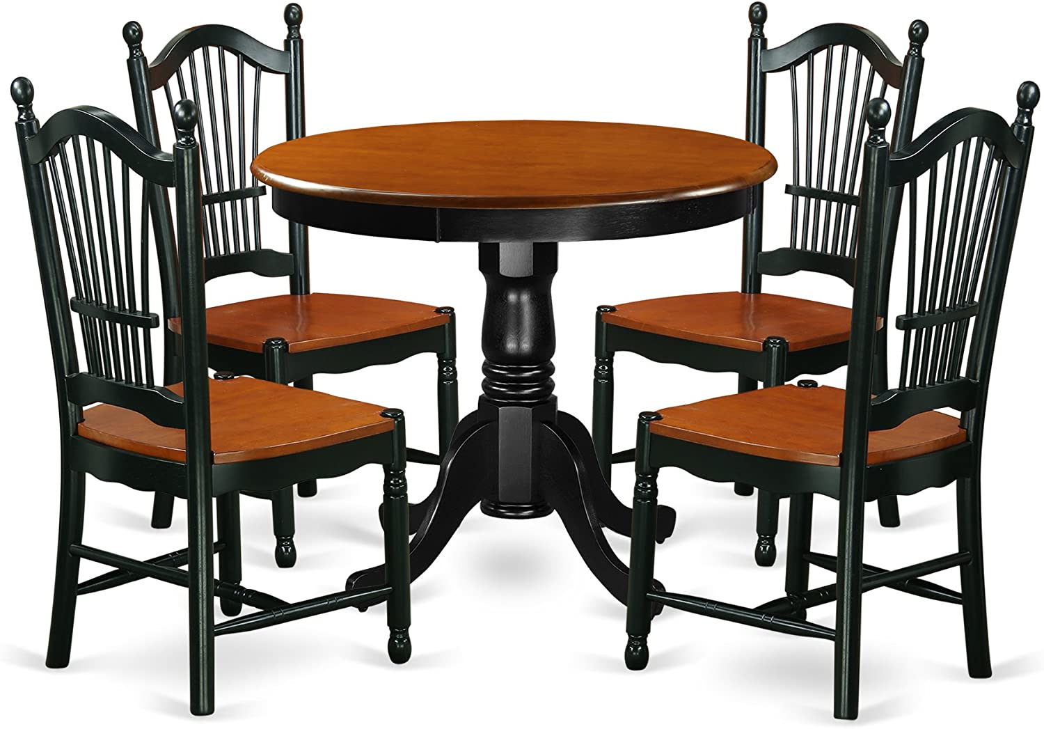 East West Furniture Dining Table Set- 4 Wonderful Wooden Chairs - A Wonderful Dining Room Table- Wooden Seat Cherry and Black Round Wooden Dining Table