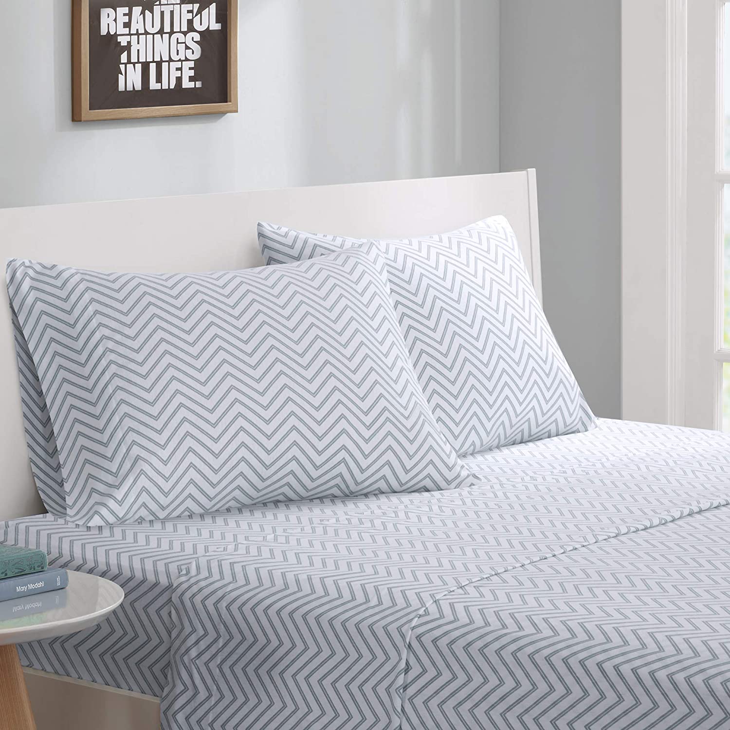Intelligent Design Blend Jersey Knit Full, Coastal Cotton, Grey Chevron Bed Set 4-Piece Include Flat, Fitted Sheet &amp; 2 Pillowcases