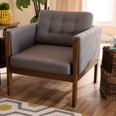 Baxton Studio Lenne Mid-Century Modern Grey Fabric Upholstered Walnut Finished Armchair