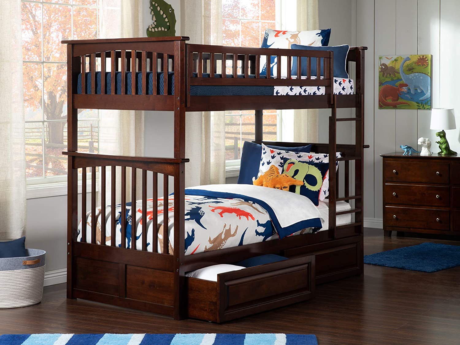 Atlantic Furniture Columbia Bunk Bed with 2 Raised Panel Bed Drawers Walnut/Twin Over Twin