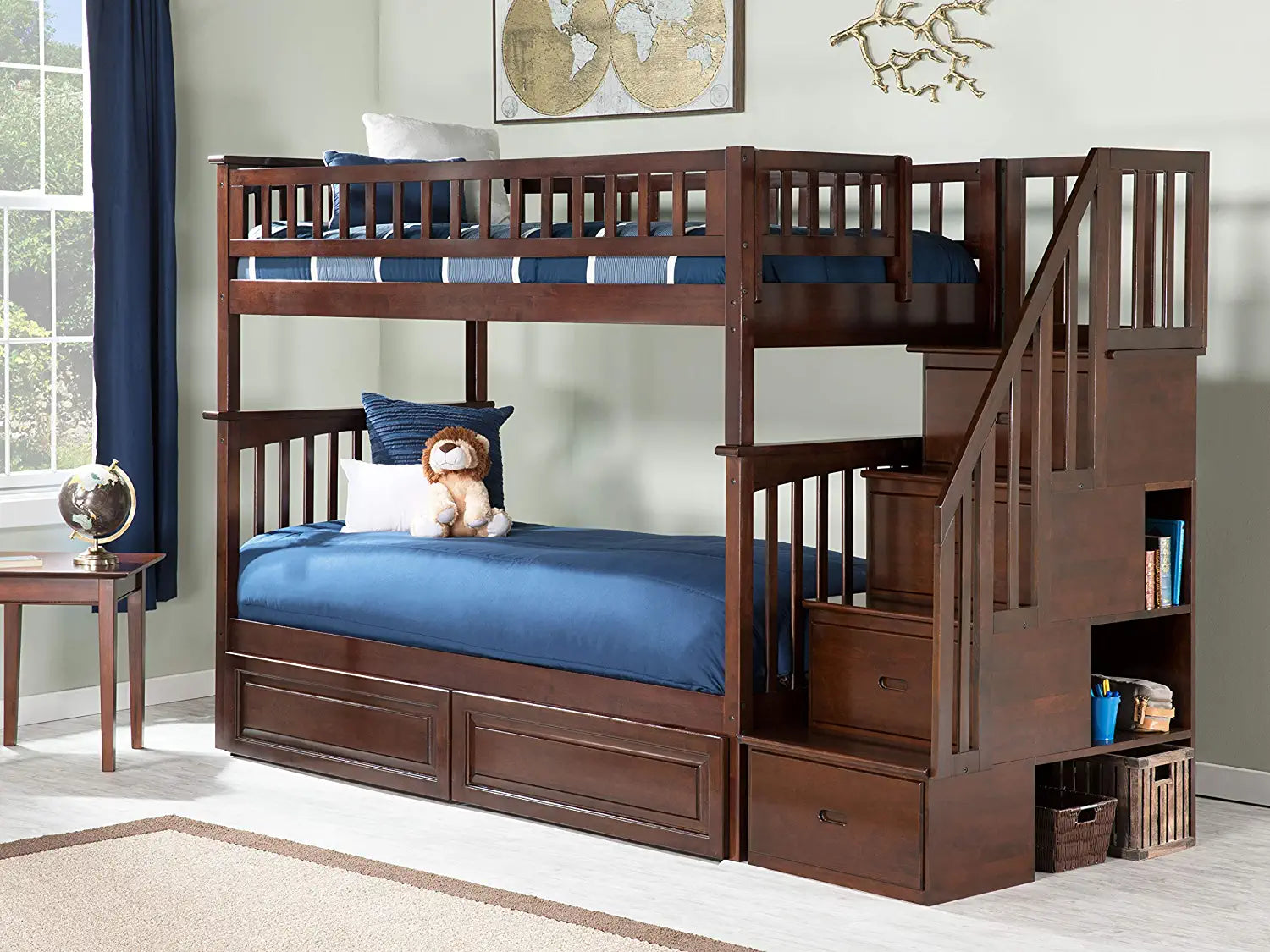 AFI Columbia Staircase Bunk with Turbo Charger and Raised Panel Bed Drawers, Twin over Twin, Brown