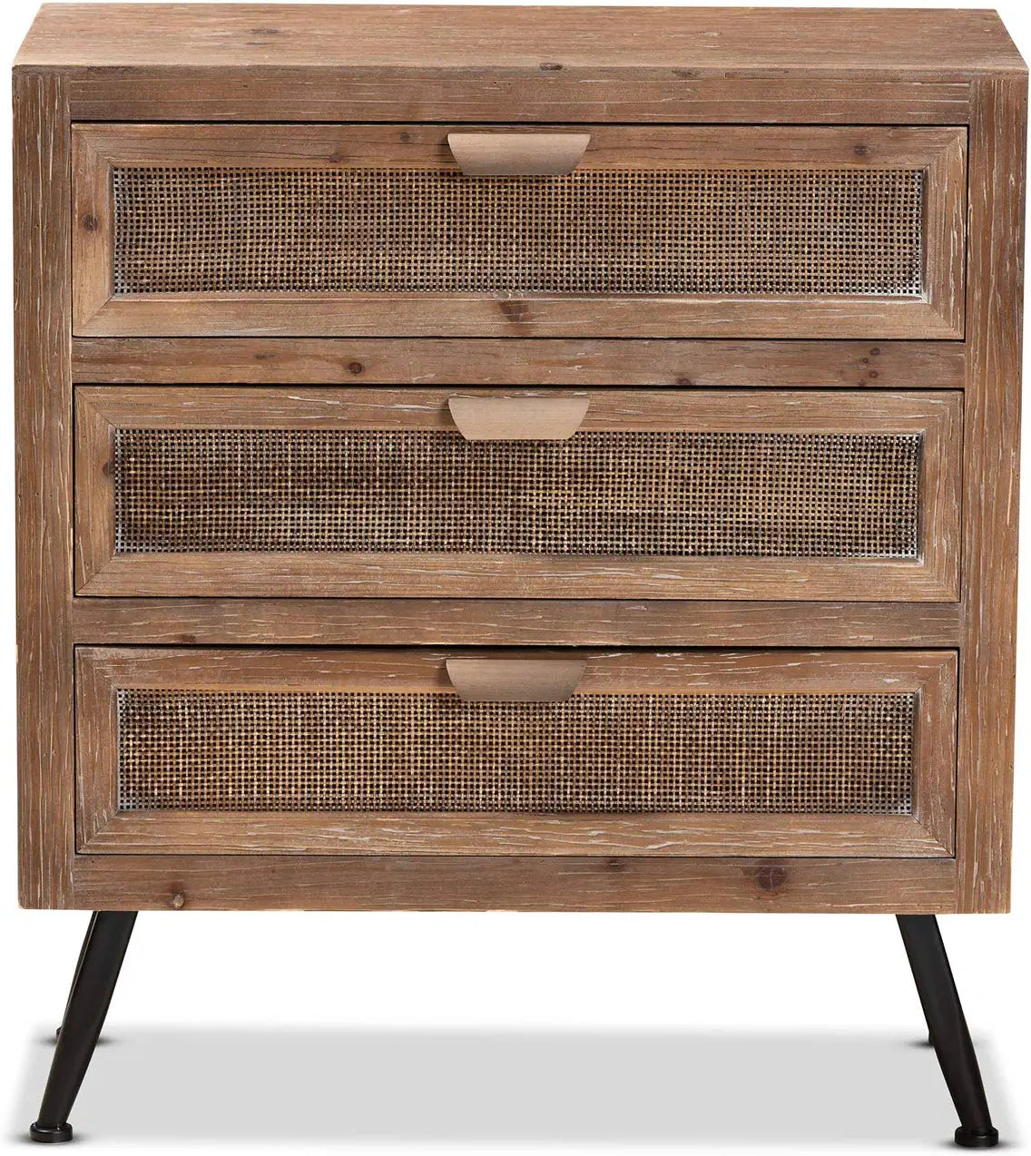 Baxton Studio Calida Mid-Century Modern Whitewashed Natural Brown Finished Wood and Rattan 3-Drawer Storage Cabinet