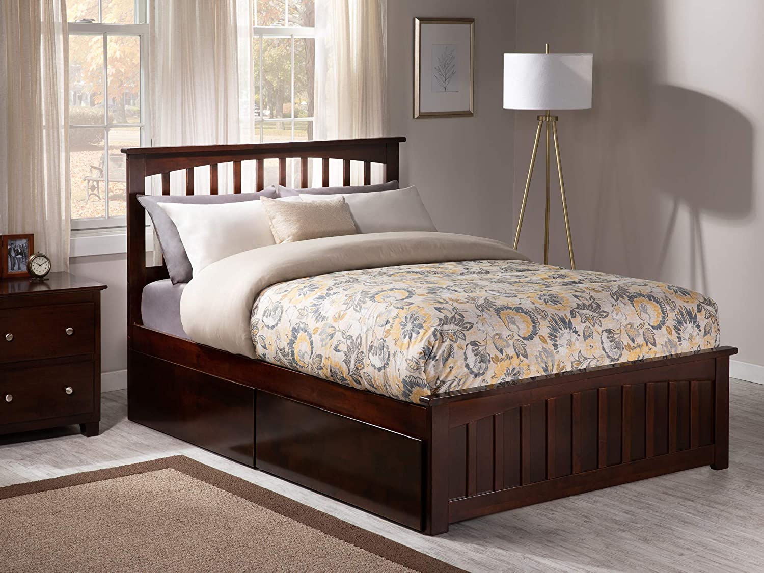 Mission Full Platform Bed with Matching Footboard and Turbo Charger with Urban Bed Drawers in Walnut