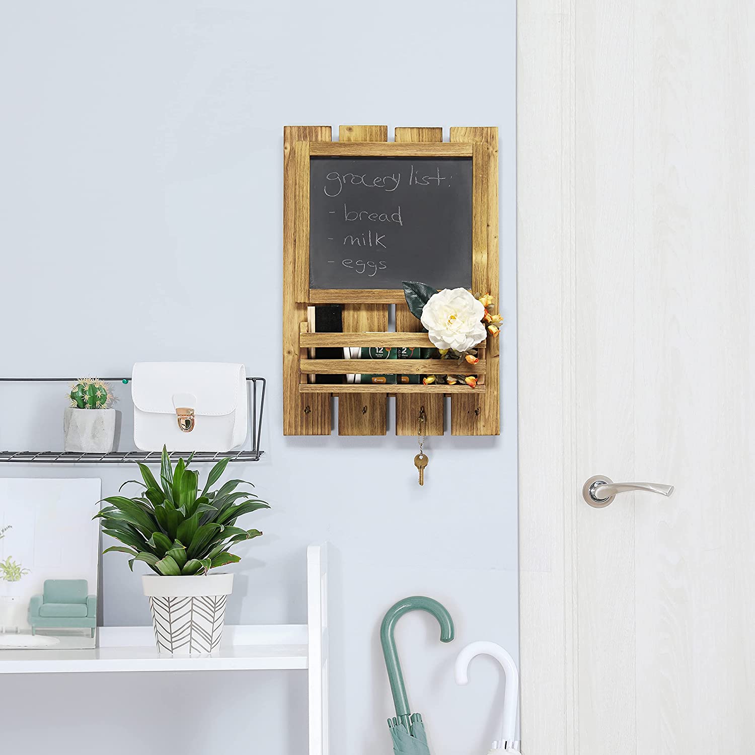 Elegant Designs HG1023-NWD Wooden Chalkboard Sign with Key Holder Hooks and Mail Storage, Natural Light Wood