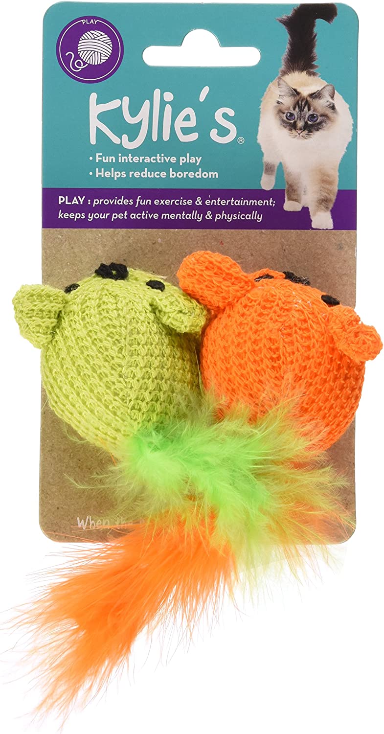 Boss Pet Chomper Kylie's Brites 2-Piece Knit Mouse Toy with Feather for Pets, Assorted Colors