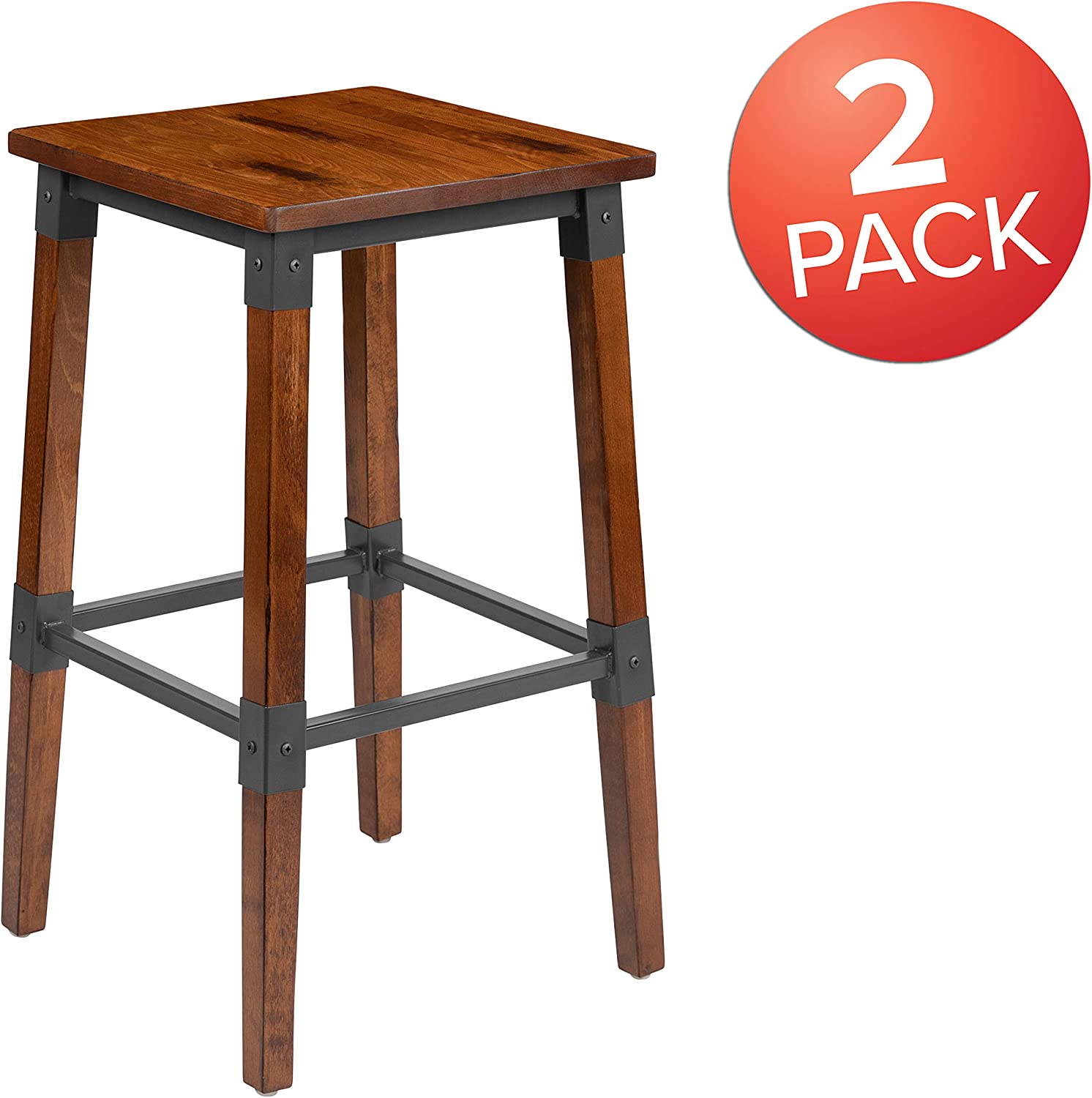Flash Furniture 2 Pack Rustic Antique Walnut Industrial Wood Dining Backless Barstool