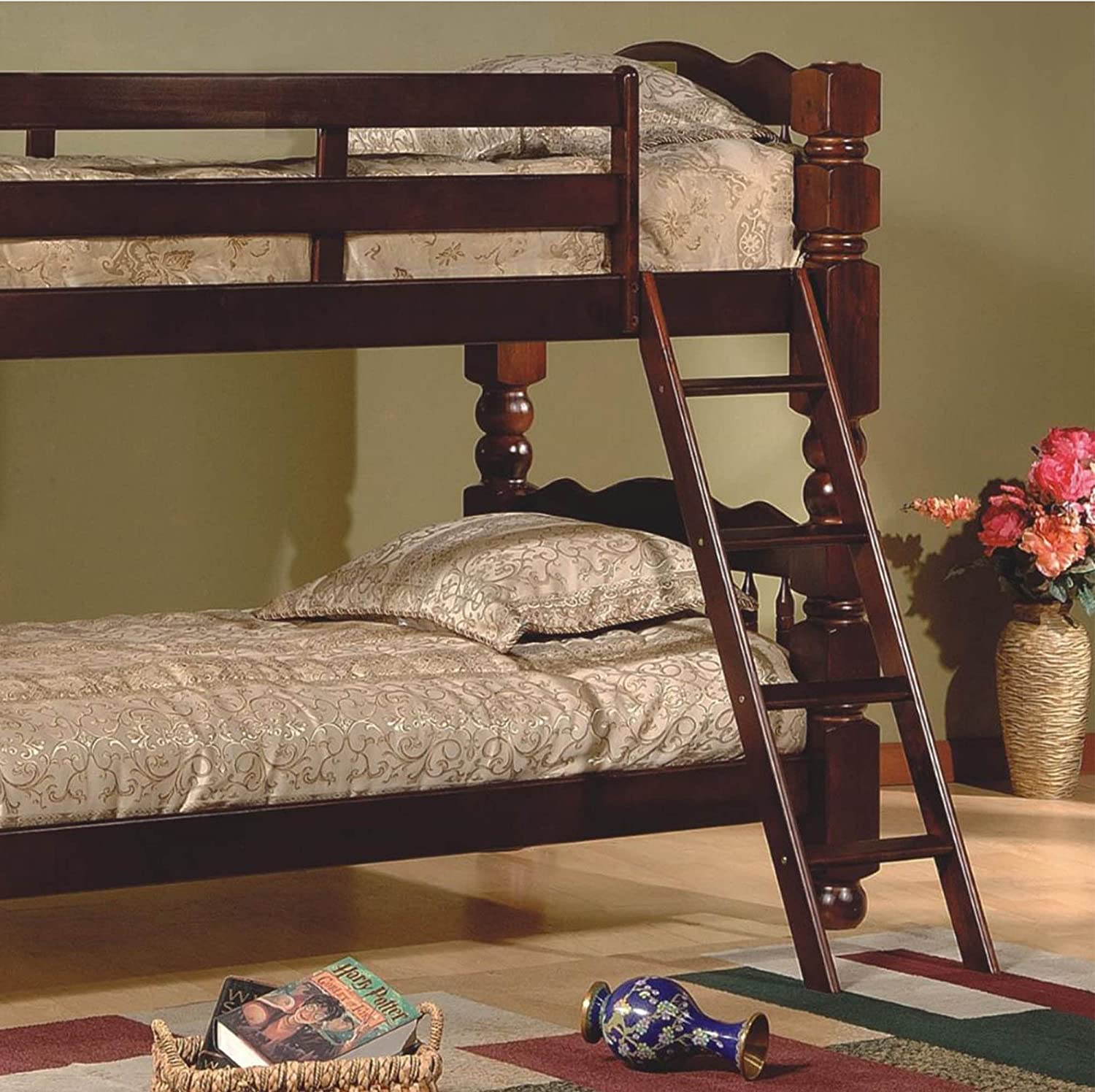 Better Home Products Andrei Twin Over Twin Solid Wood Spindle Bunk Bed Tobacco