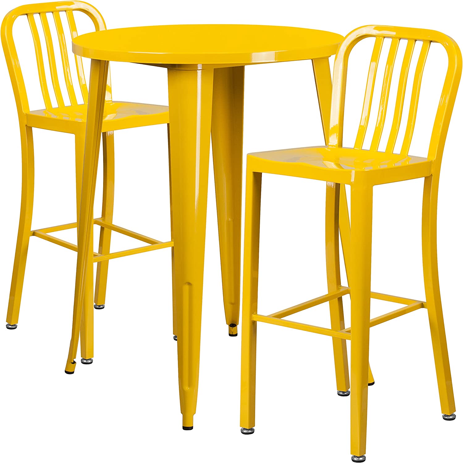 Flash Furniture Commercial Grade 30&#34; Round Yellow Metal Indoor-Outdoor Bar Table Set with 2 Vertical Slat Back Stools