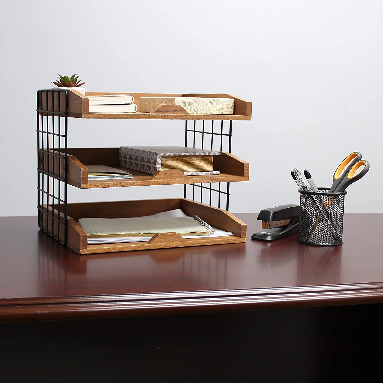 Elegant Designs HG1022-NWD Home Office Wood Desk Organizer Mail Letter Tray with 3 Shelves, Natural Wood