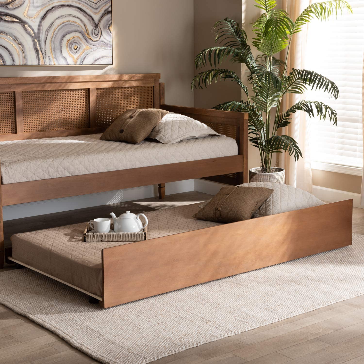 Baxton Studio Toveli Modern and Contemporary Ash Walnut Finished Twin Size Trundle Bed