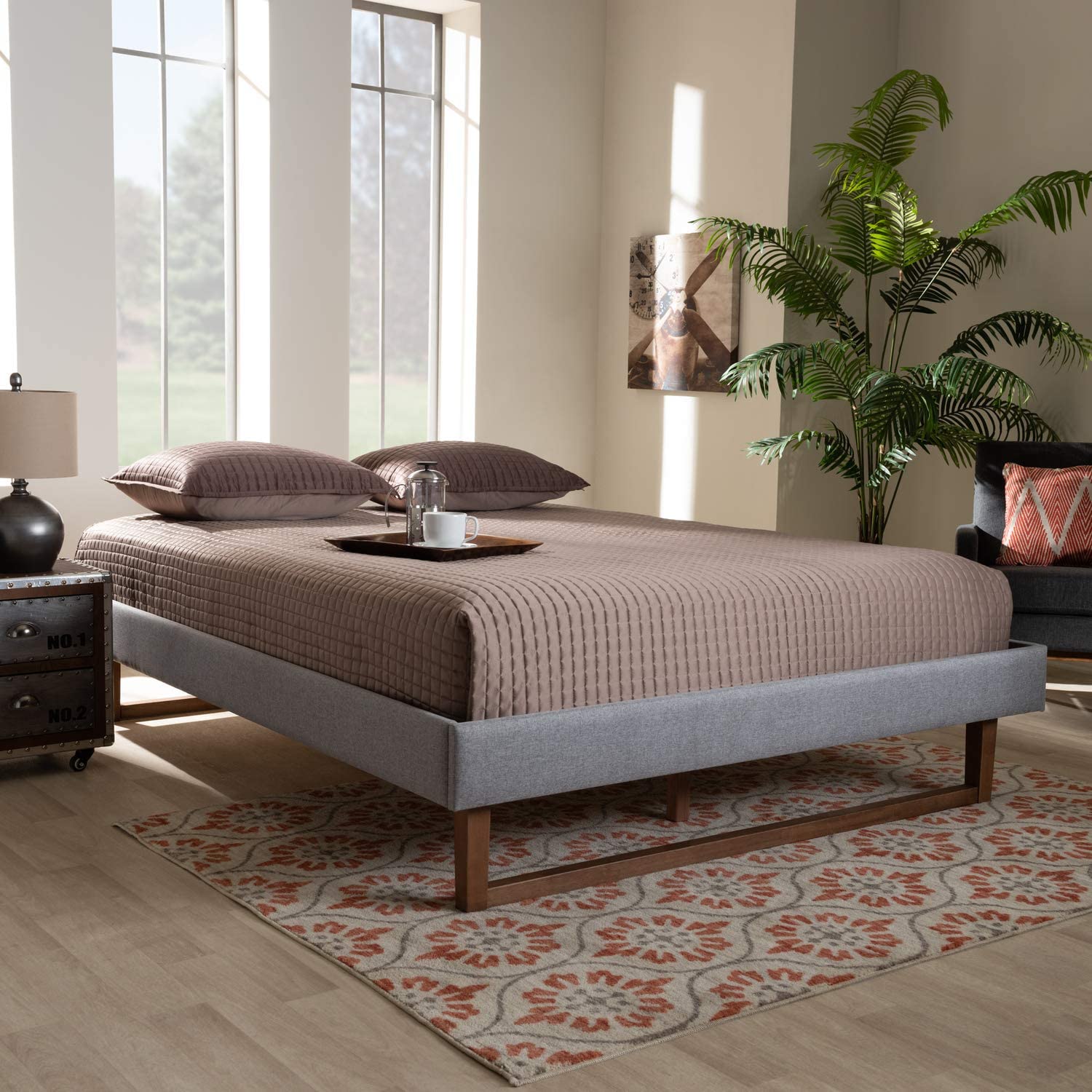 Baxton Studio Liliya Mid-Century Modern Light Grey Fabric Upholstered Walnut Brown Finished Wood Queen Size Platform Bed Frame