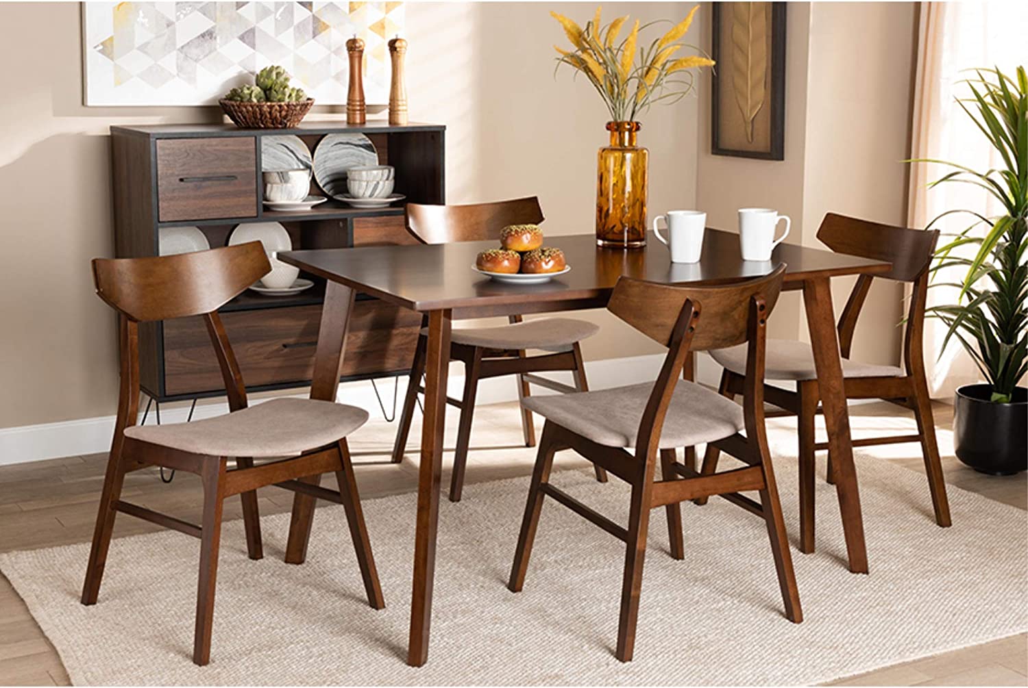 Baxton Studio Lois Mid-Century Modern Transitional Light Beige Fabric Upholstered and Walnut Brown Finished Wood 5-Piece Dining Set