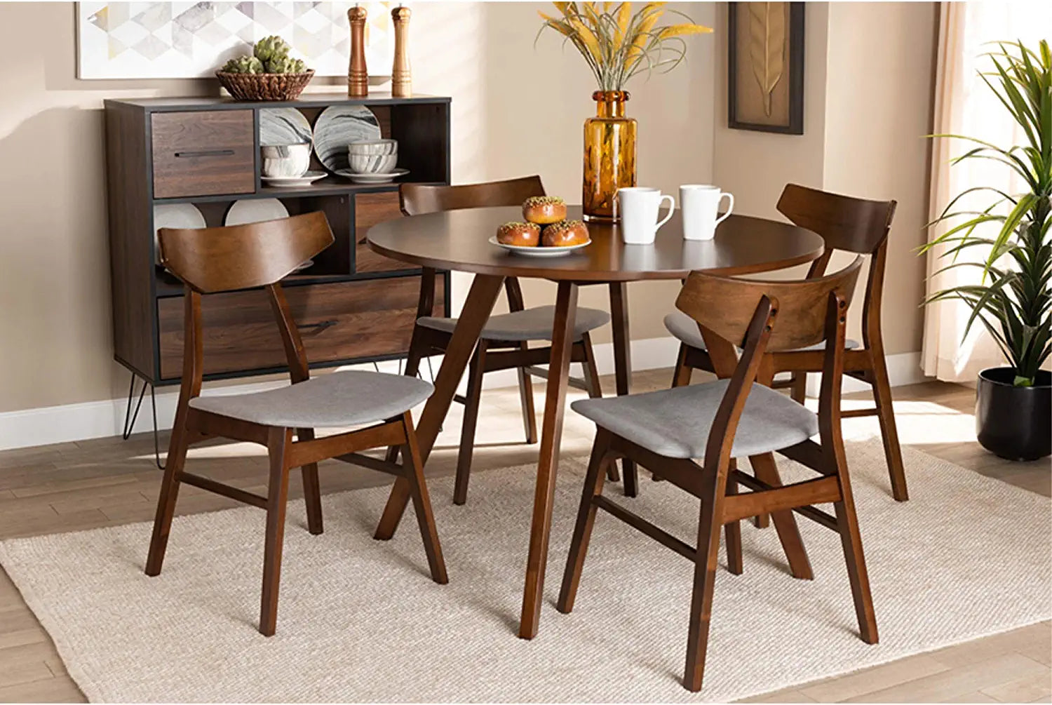 Baxton Studio Timothy Mid-Century Modern Transitional Light Grey Fabric Upholstered and Walnut Brown Finished Wood 5-Piece Dining Set