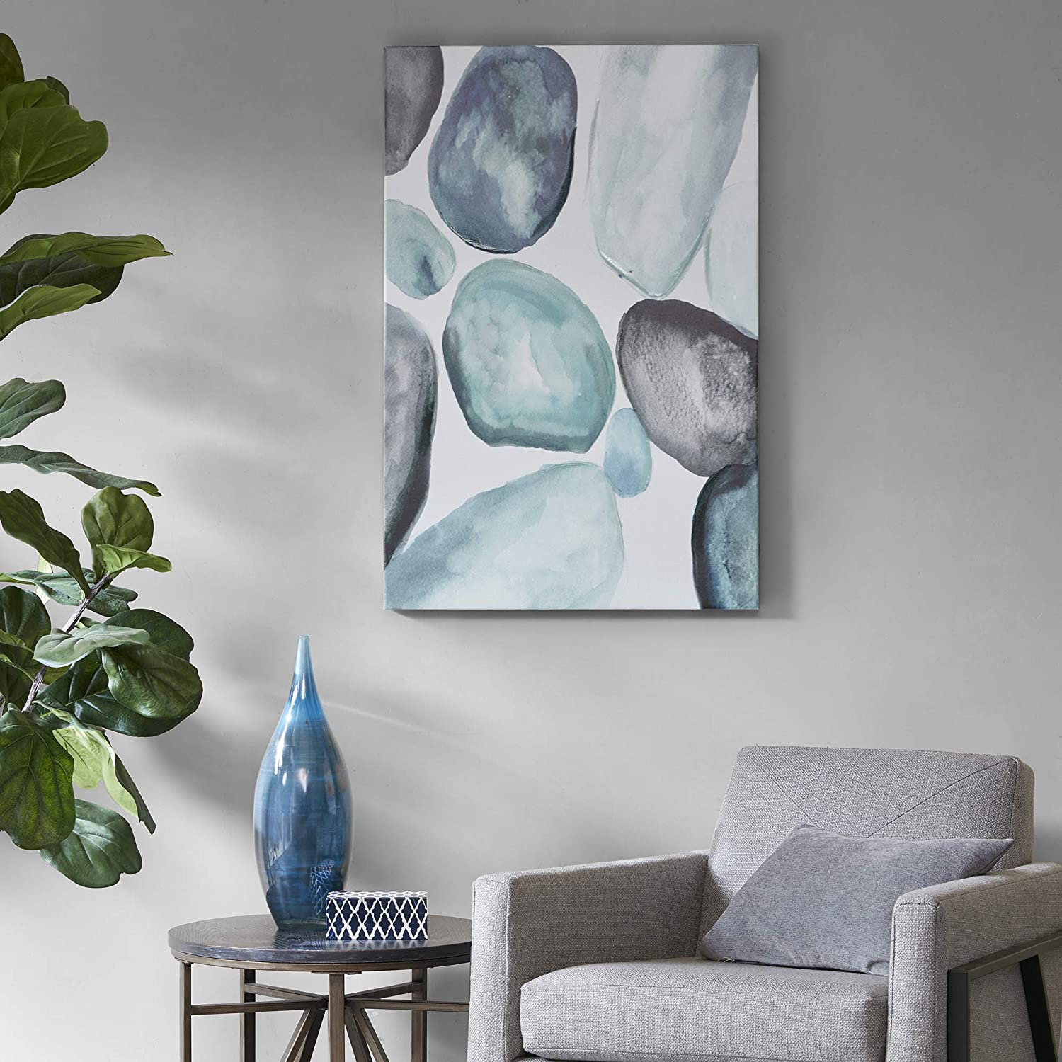 Madison Park Pebbles Wall Art-Geo Rocks Shapes Hand Embellished Artwork Print Modern Abstract Canvas Painting Deco Box Living Room D√©cor, Blue