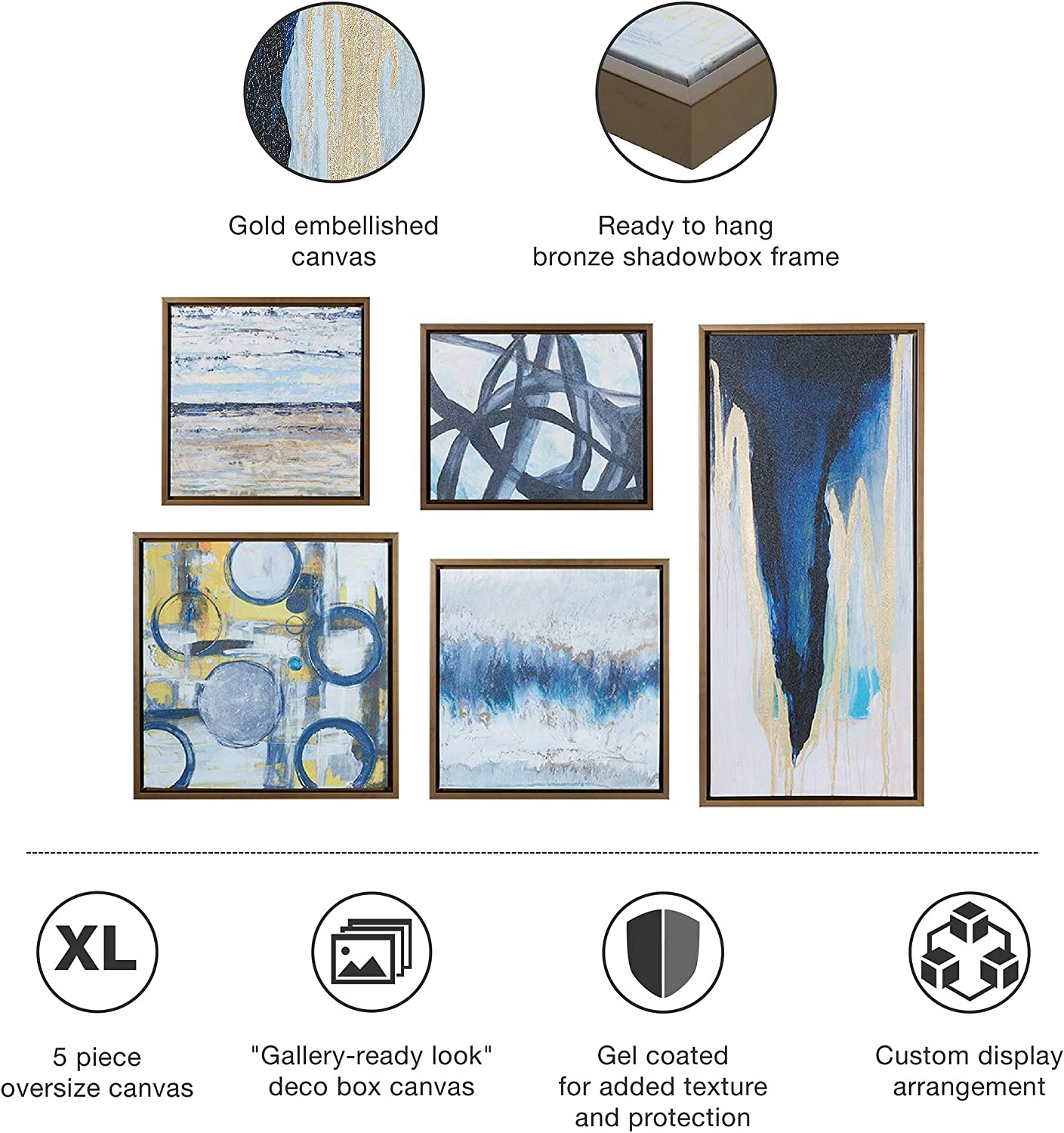 Madison Park Wall Art Living Room D√É∆í√Ç¬©cor - Galary Canvas Home Accent Modern Dining Bathroom Decoration, Ready to Hang Painting for Bedroom, Multi-Sizes, Blue Bliss 5 Piece