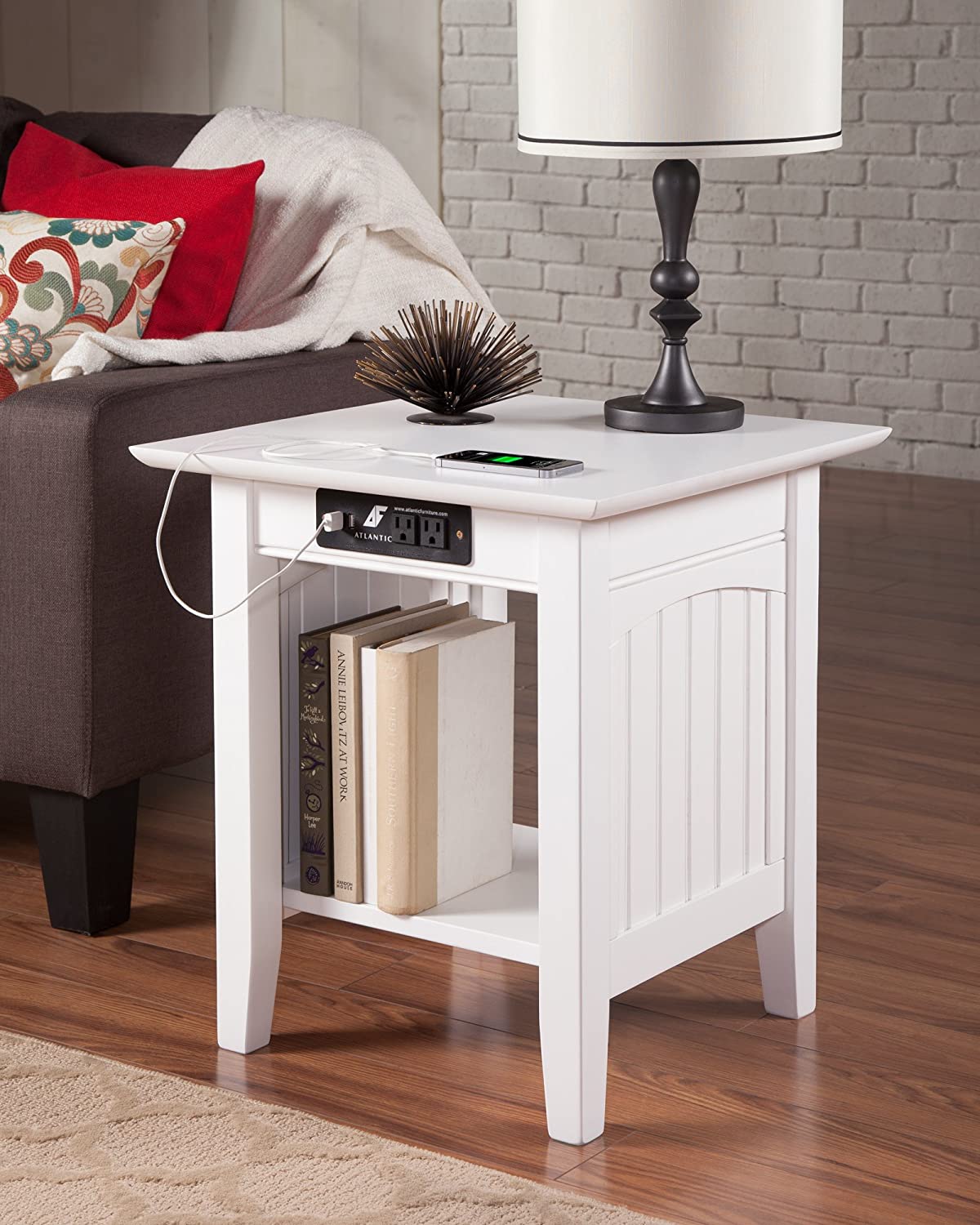 AFI Nantucket End Table with Charging Station, 20&#34; x 20&#34;, White