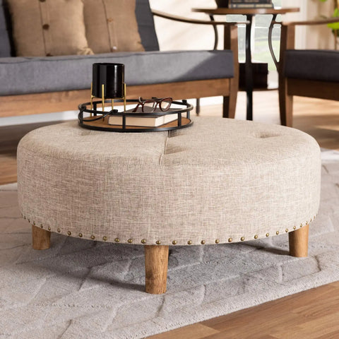 Baxton Studio Vinet Modern and Contemporary Beige Fabric Upholstered Natural Wood Cocktail Ottoman