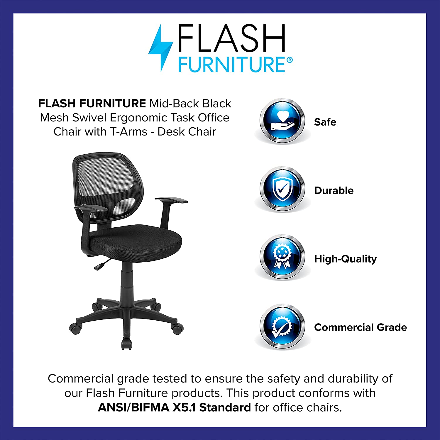 Flash Furniture Mid-Back Black Mesh Swivel Ergonomic Task Office Chair with T-Arms - Desk Chair