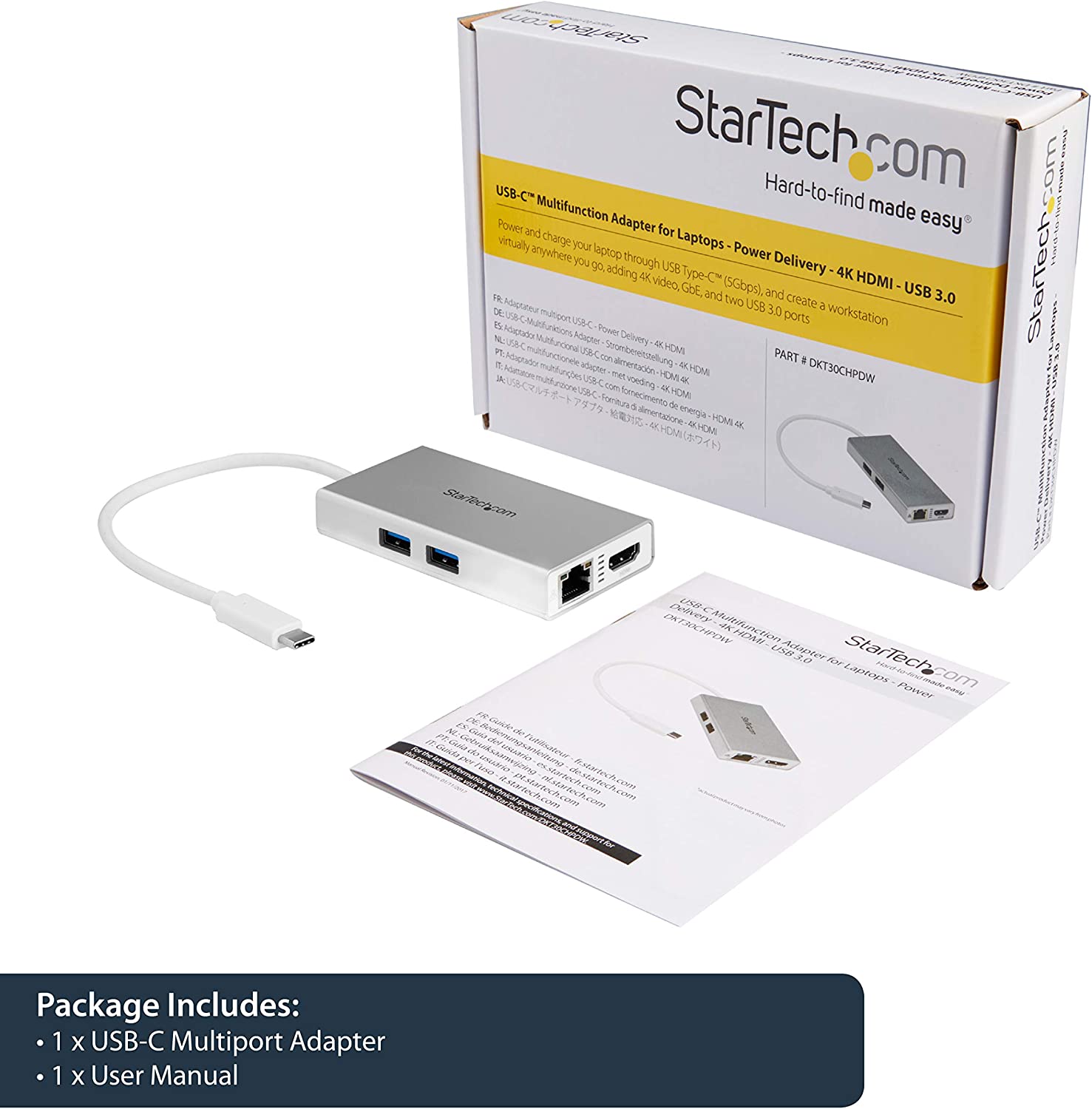 StarTech.com USB-C Multiport Adapter - USB-C Travel Docking Station w/ 4K HDMI - 60W Power Delivery Pass-Through, GbE, 2pt USB-A 3.0 Hub - Portable Mini USB Type-C Dock for Laptop - White (DKT30CHPDW)