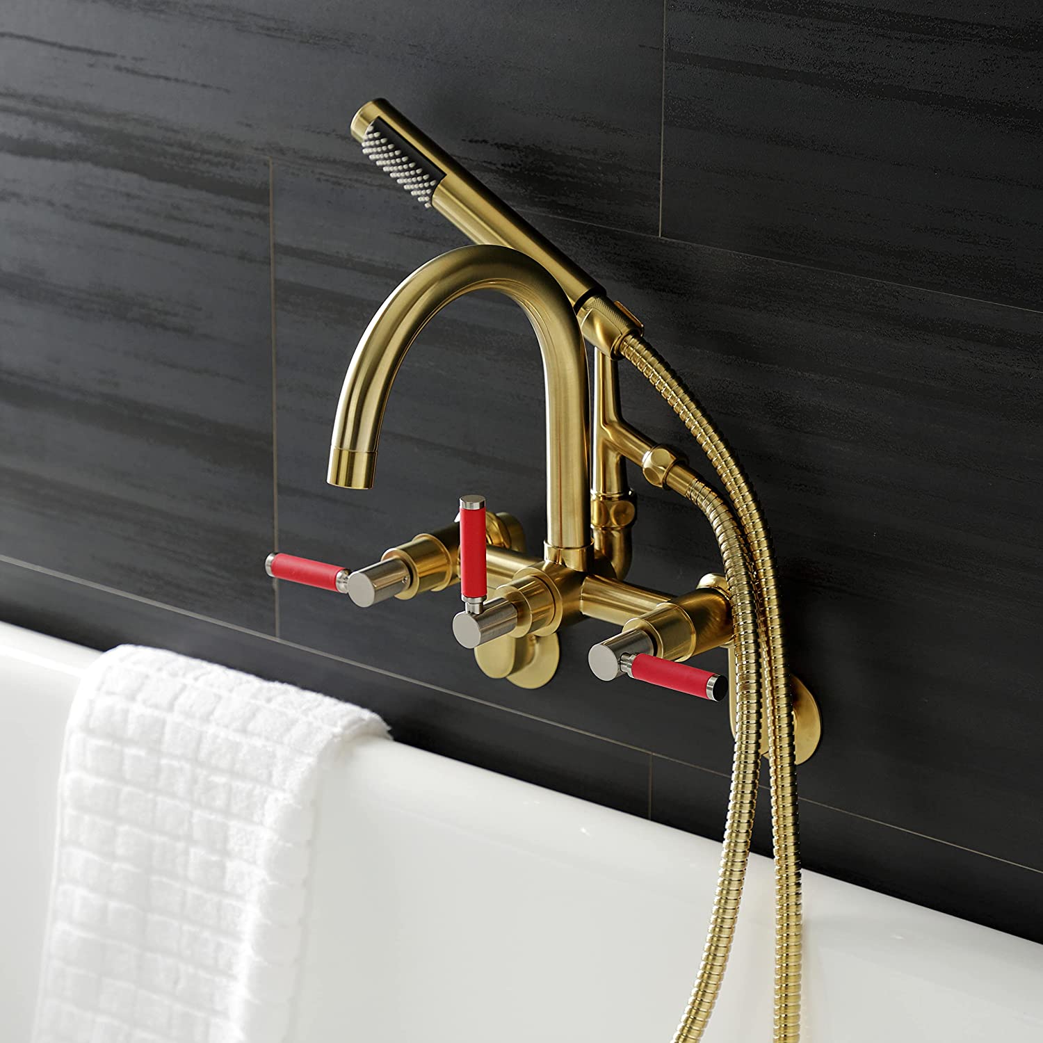 Kingston Brass AE8157DKL Kaiser 3-Handle 7-Inch Adjustable Wall Mount Clawfoot Tub Faucet with Hand Shower, Brushed Brass