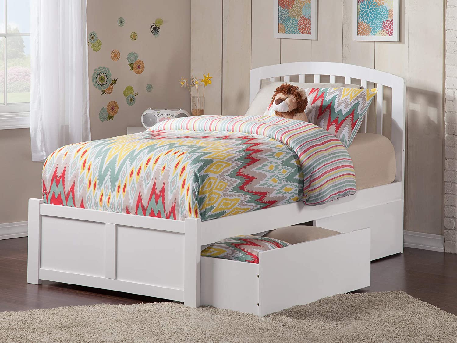 Richmond Twin Extra Long Platform Bed with Flat Panel Footboard and Turbo Charger with Urban Bed Drawers in White