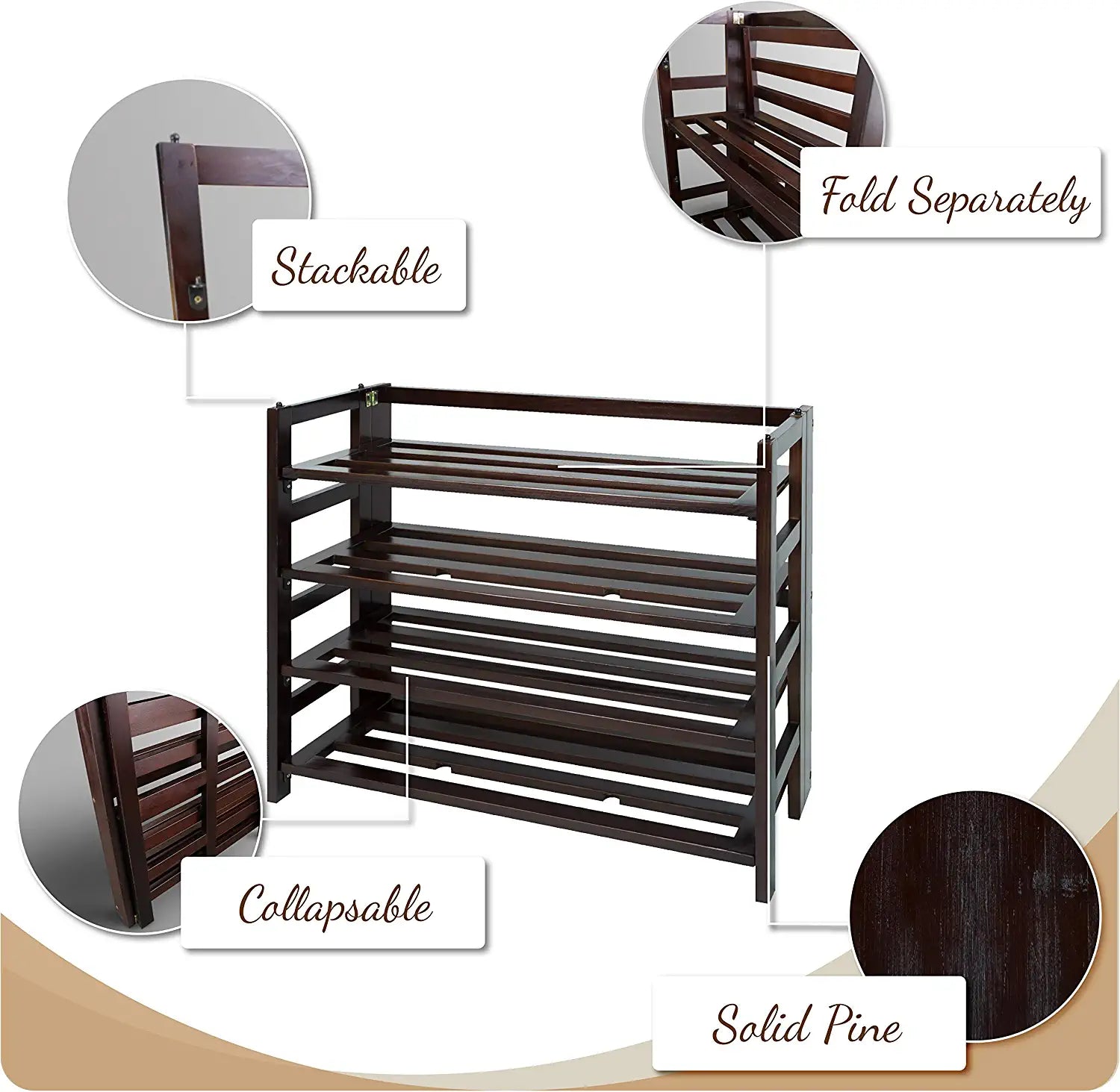 Casual Home 4-Shelf Folding Shoe Rack, Espresso
