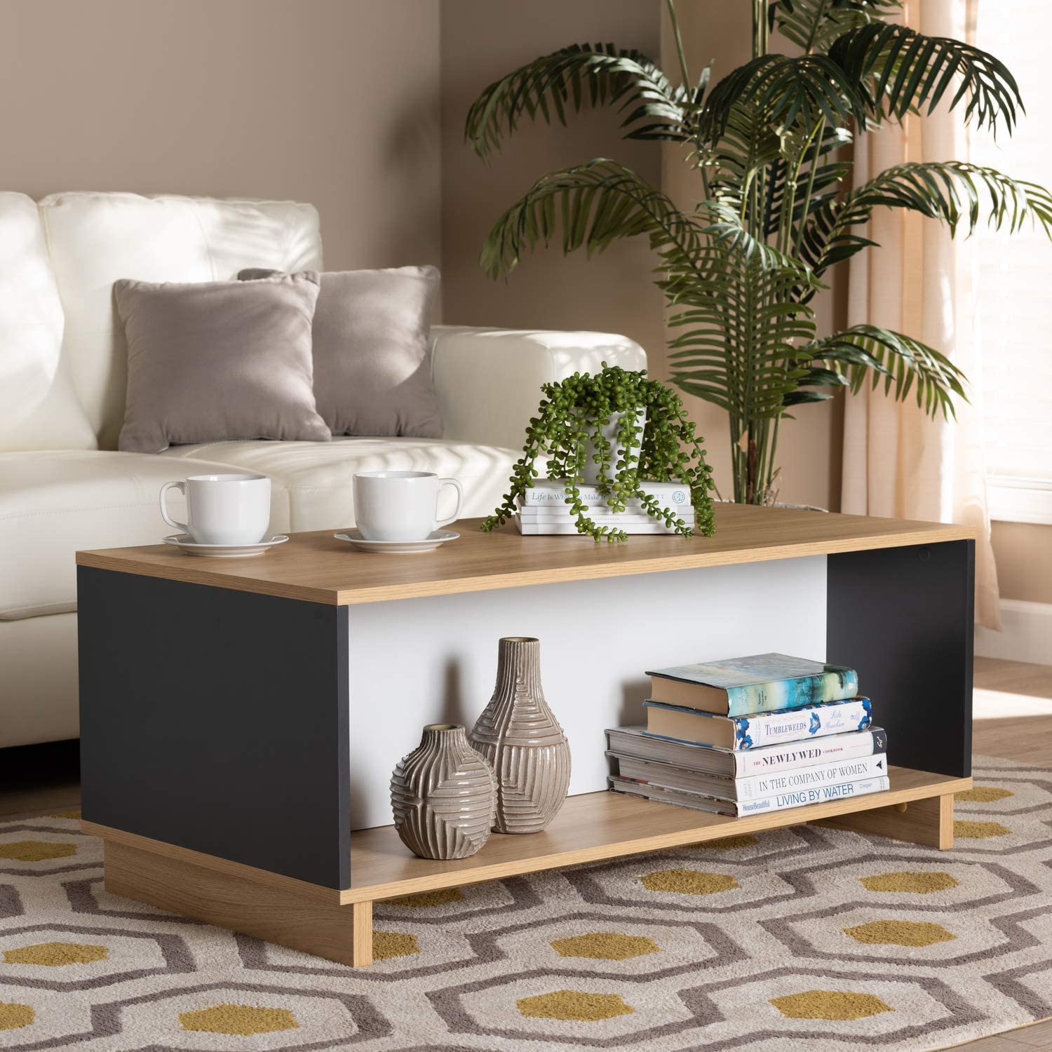 Baxton Studio Marigold Modern and Contemporary Multicolor Oak Brown and Grey Finished Wood Storage Coffee Table