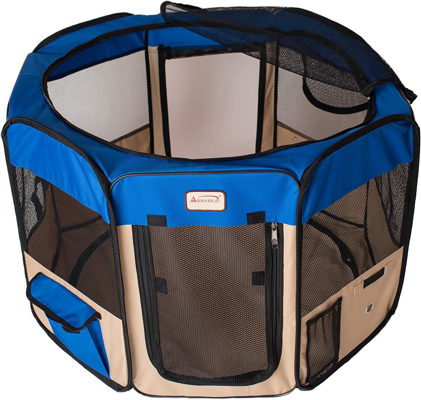 Armarkat Model PP001B Portable Pet Playpen in Blue and Beige Combo