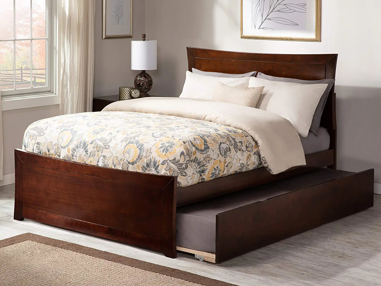 AFI Metro Platform Bed with Matching Footboard and Turbo Charger with Twin Size Urban Trundle, Full, Walnut